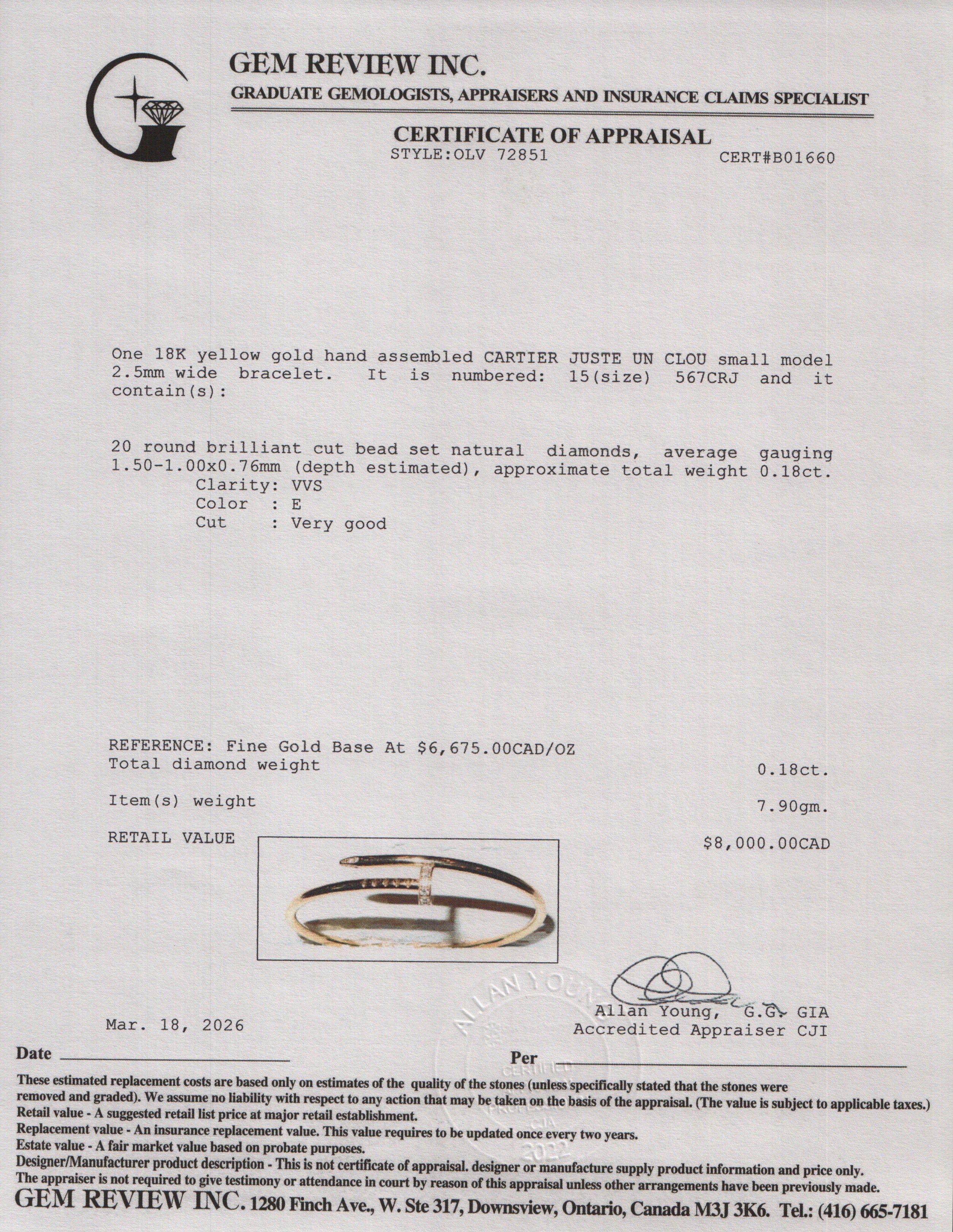 Cartier 2025 18k Yellow Gold Juste Un Clou Diamond Bracelet, Small Model, Size 15 w/ Box & Certificate