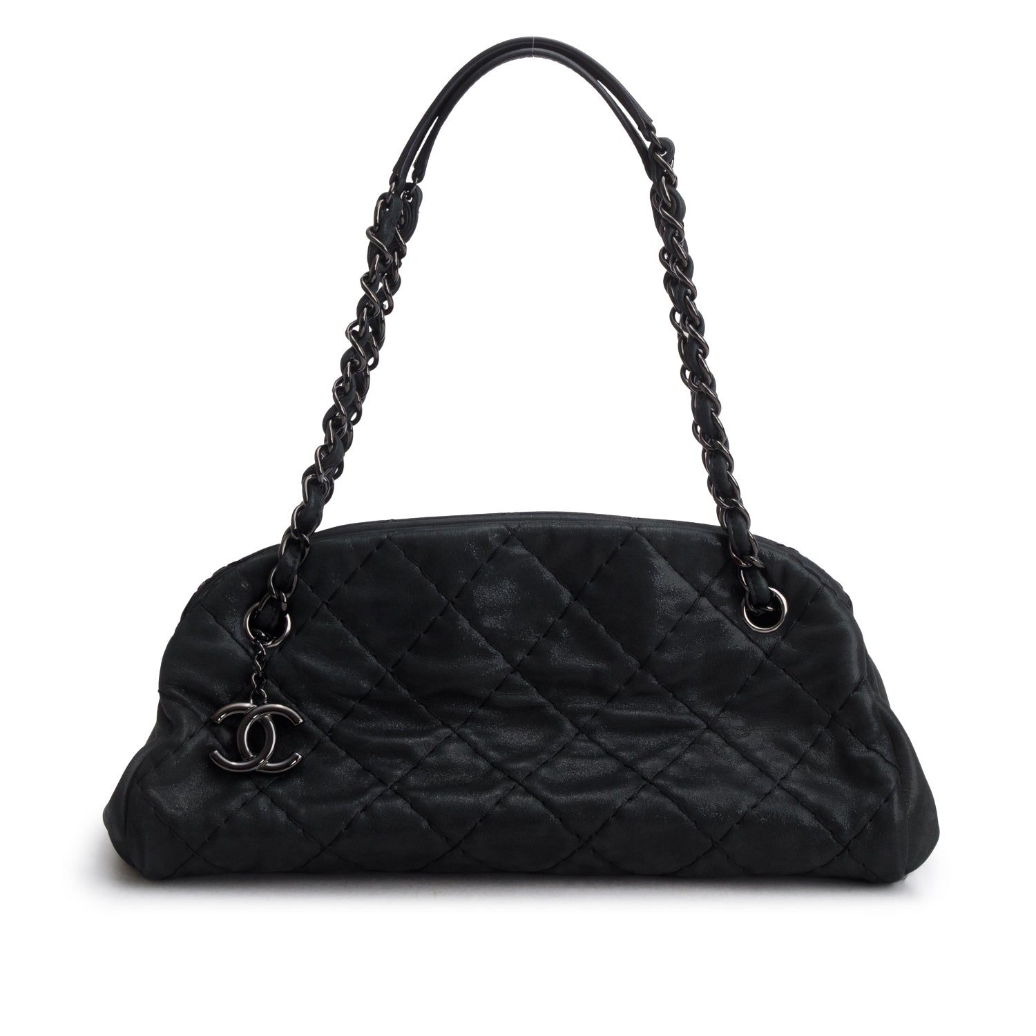 Chanel Black Metallic Calfskin Quilted Medium Just Mademoiselle w/ Authenticity Card