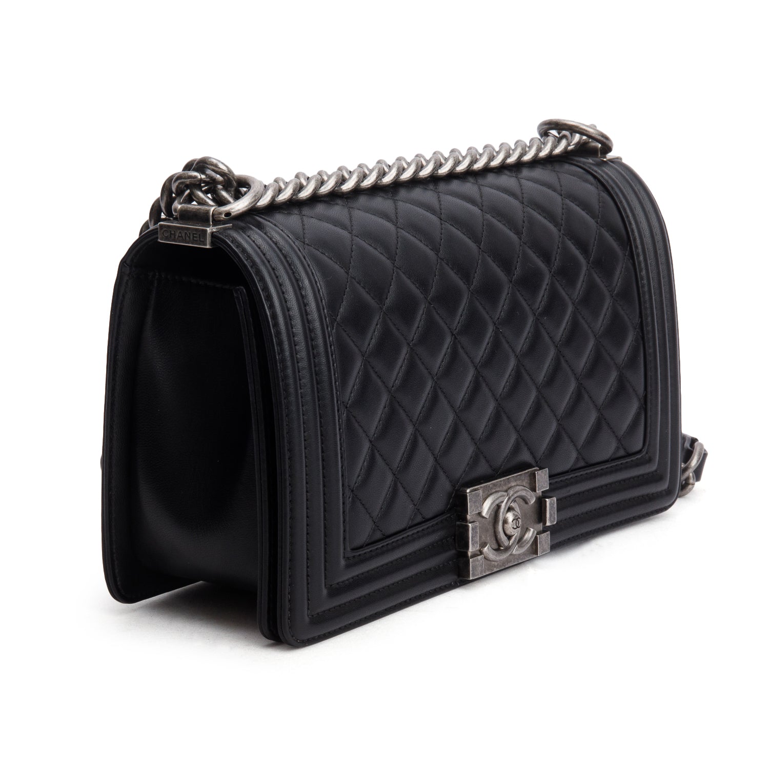 Chanel Black Lambskin Quilted Medium Boy Flap w/ Box