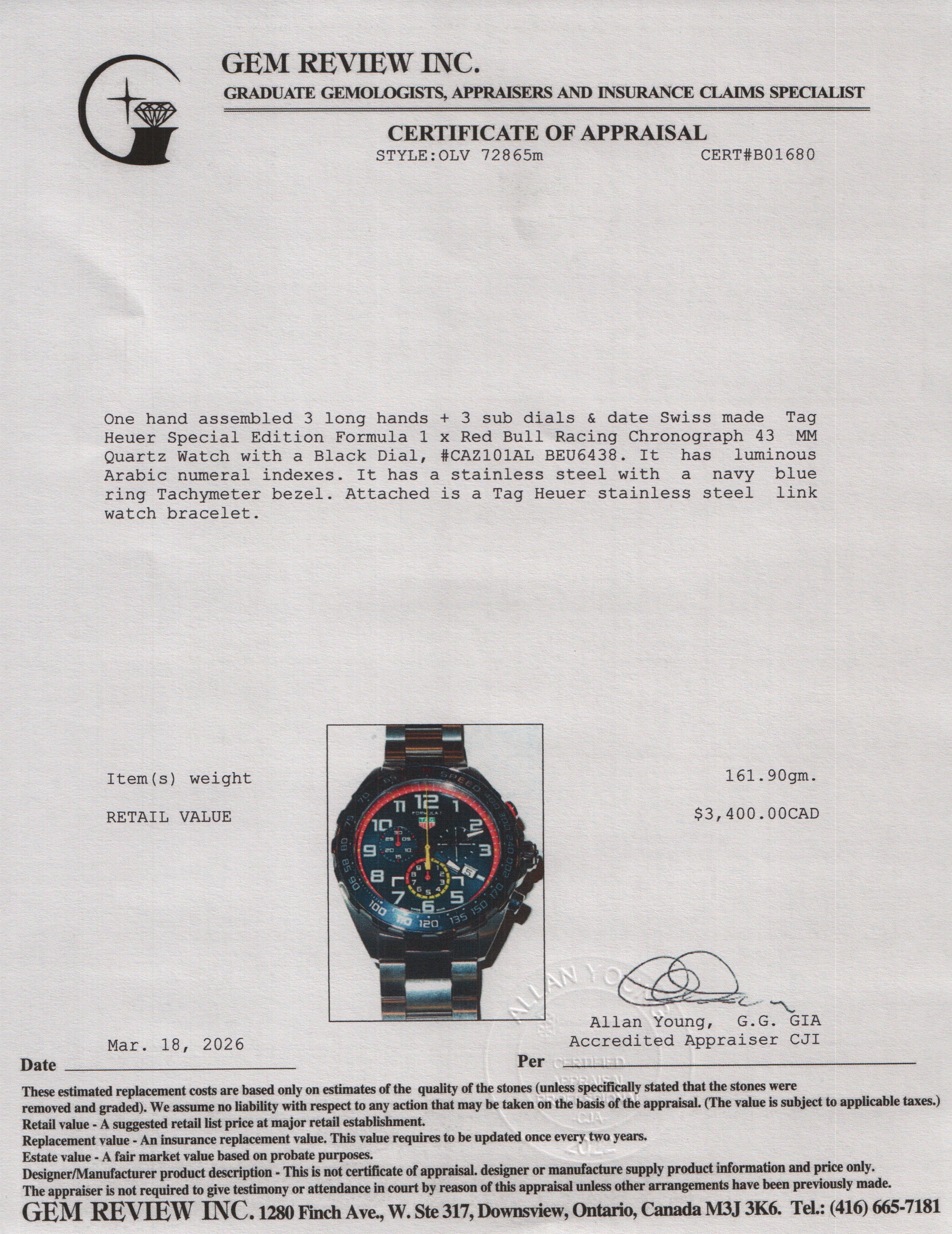 Tag Heuer 2023 Special Edition Formula 1 x Red Bull Racing Chronograph 43 MM Quartz Watch Black Dial CAZ101AL w/ Box & Papers