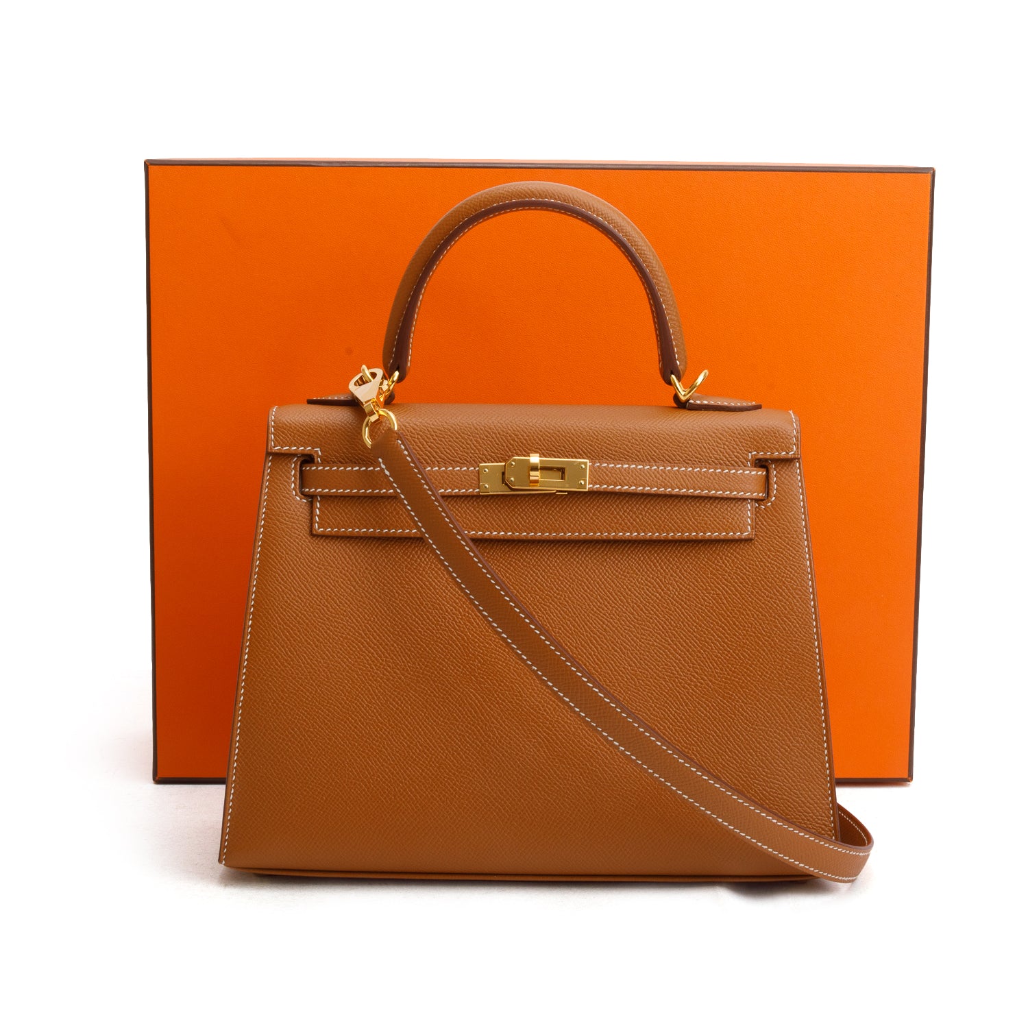 Hermes 2020 Gold Veau Epsom Kelly II Sellier 25 w/ Box, Receipt & Strap