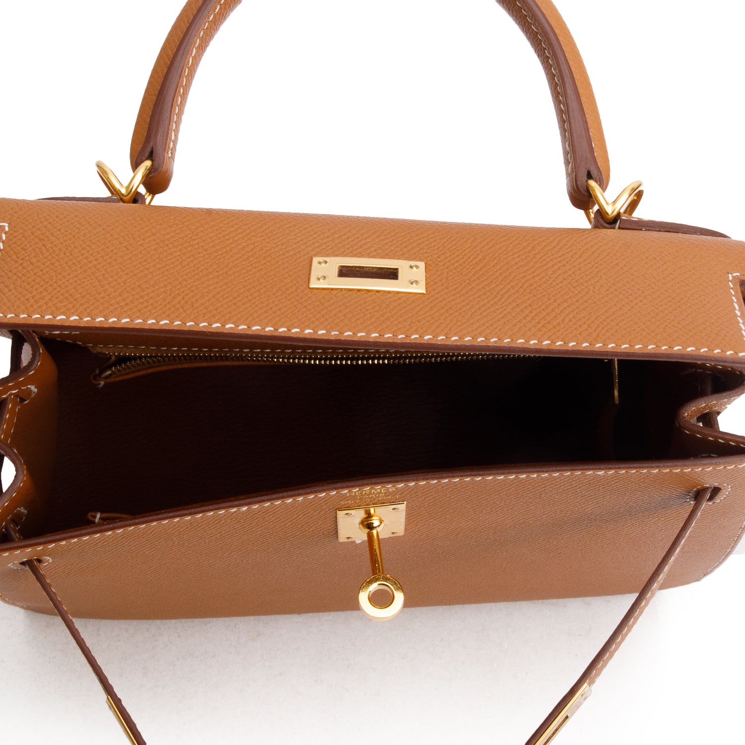 Hermes 2020 Gold Veau Epsom Kelly II Sellier 25 w/ Box, Receipt & Strap