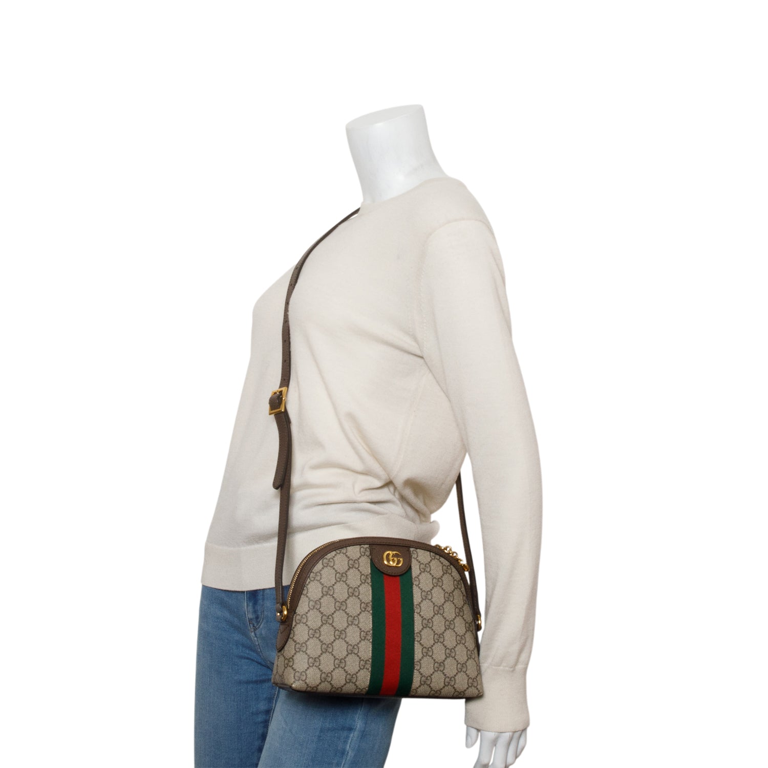Gucci GG Supreme Monogram Textured Dollar Calfskin Web Small Ophidia Dome Shoulder Bag