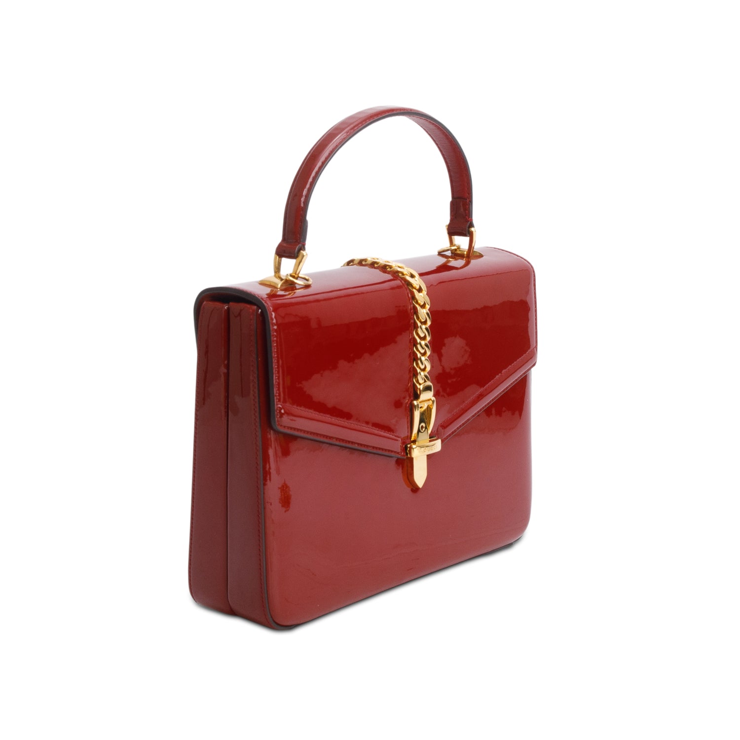 Gucci Red Mousse Top Patent Small Sylvie 1969 Small Top Handle Bag w/ Chain