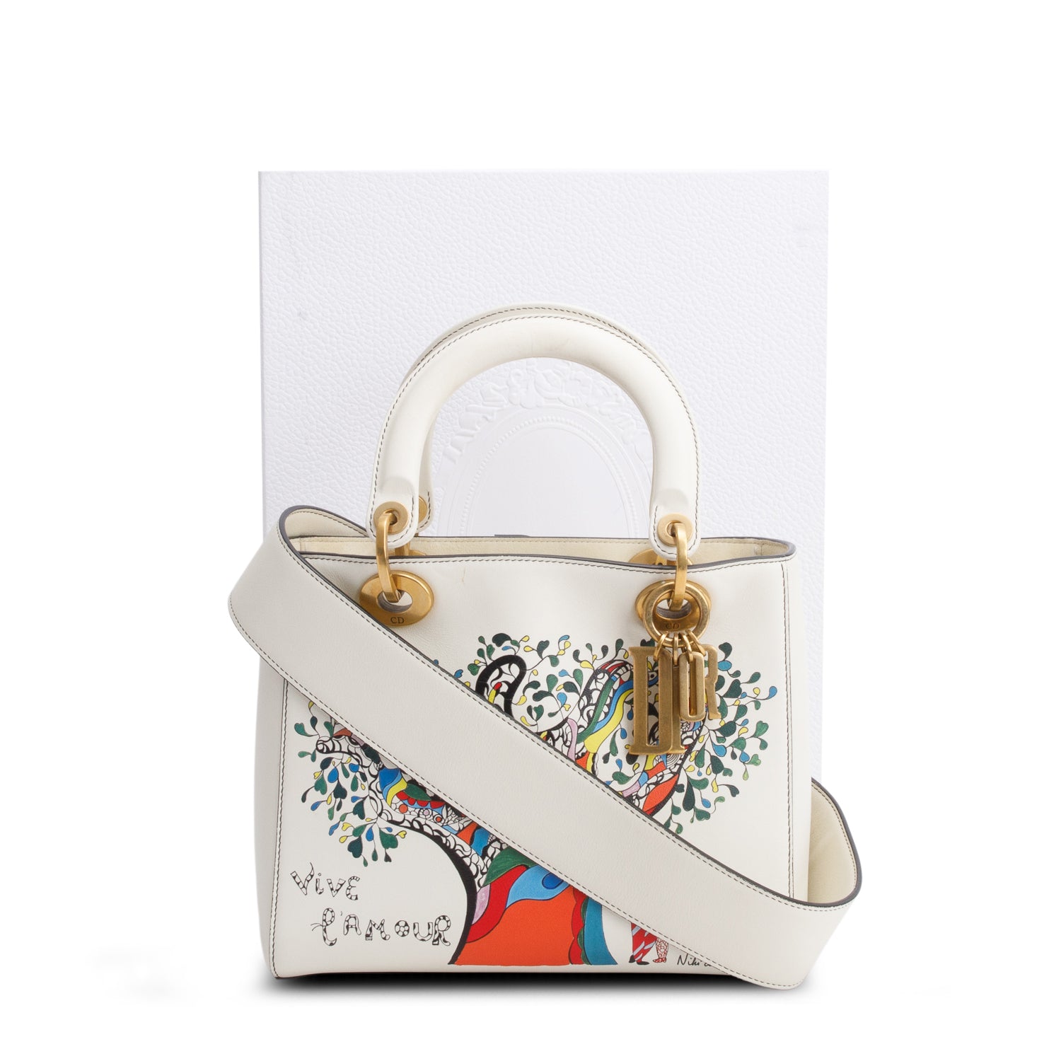 Christian Dior Cream Calfskin Niki De Saint Phalle 'Vive L'Amour' Medium Supple Lady Dior w/ Box, Authenticity Card & Strap