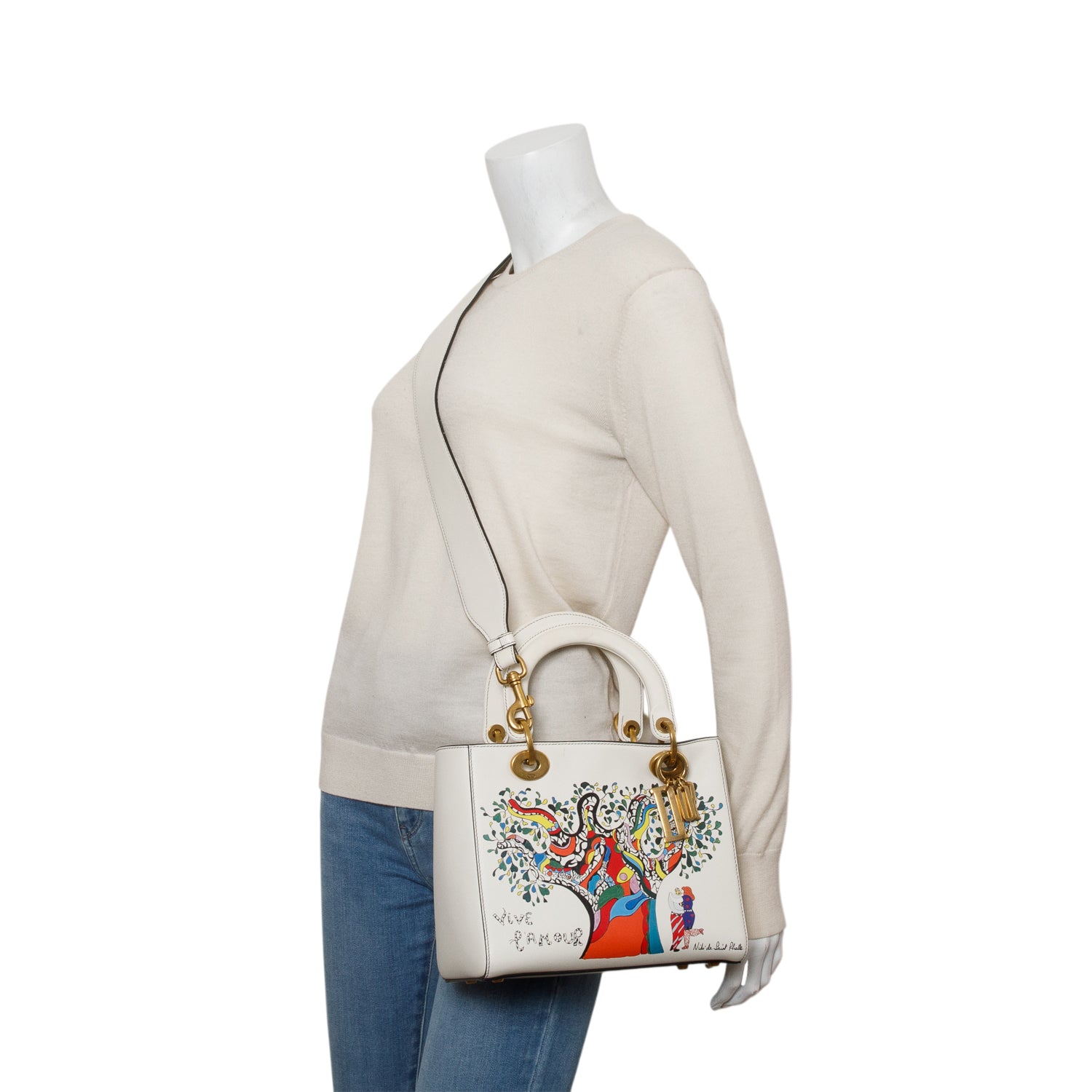 Christian Dior Cream Calfskin Niki De Saint Phalle 'Vive L'Amour' Medium Supple Lady Dior w/ Box, Authenticity Card & Strap
