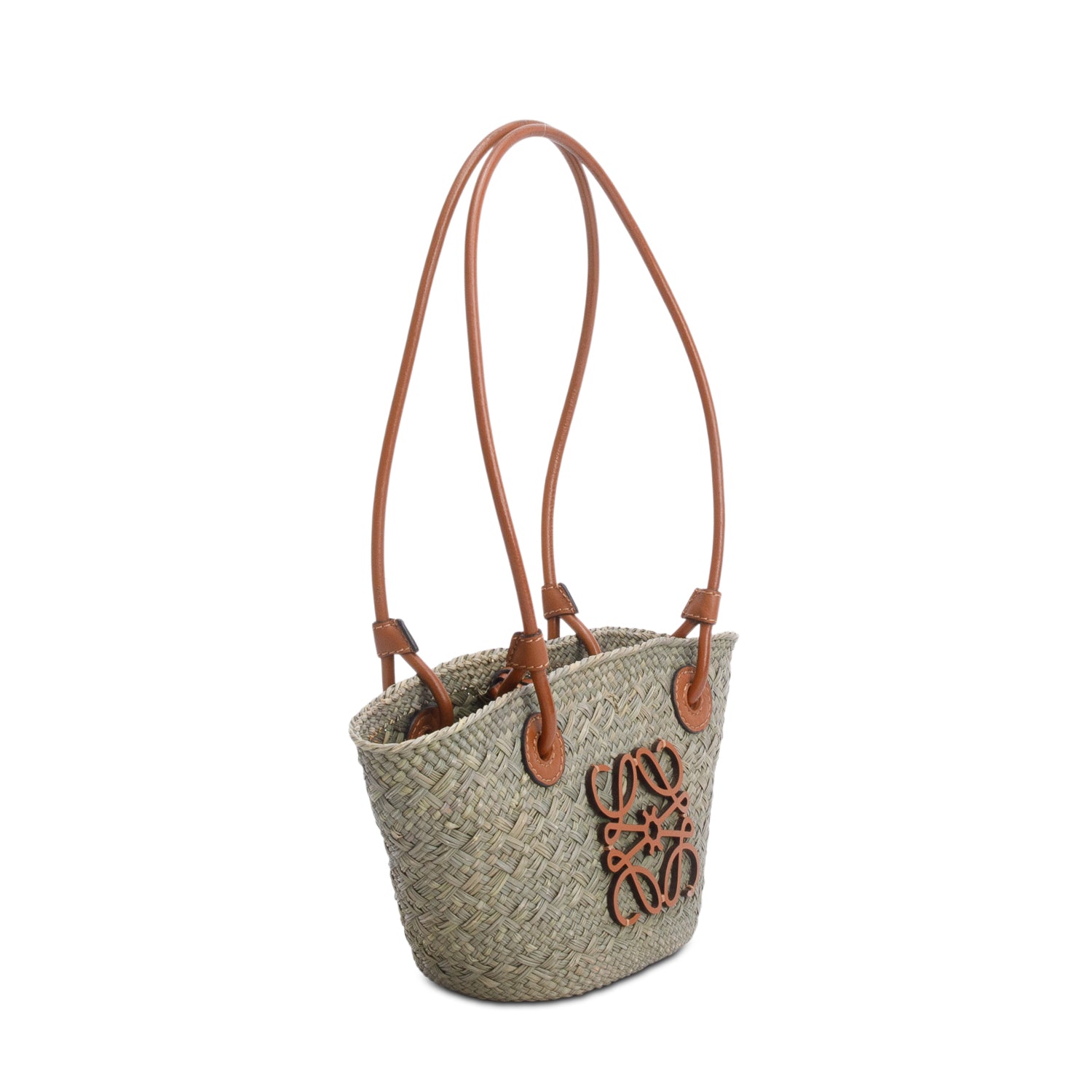 Loewe Green Calfskin Raffia Mini Anagram Basket Tote
