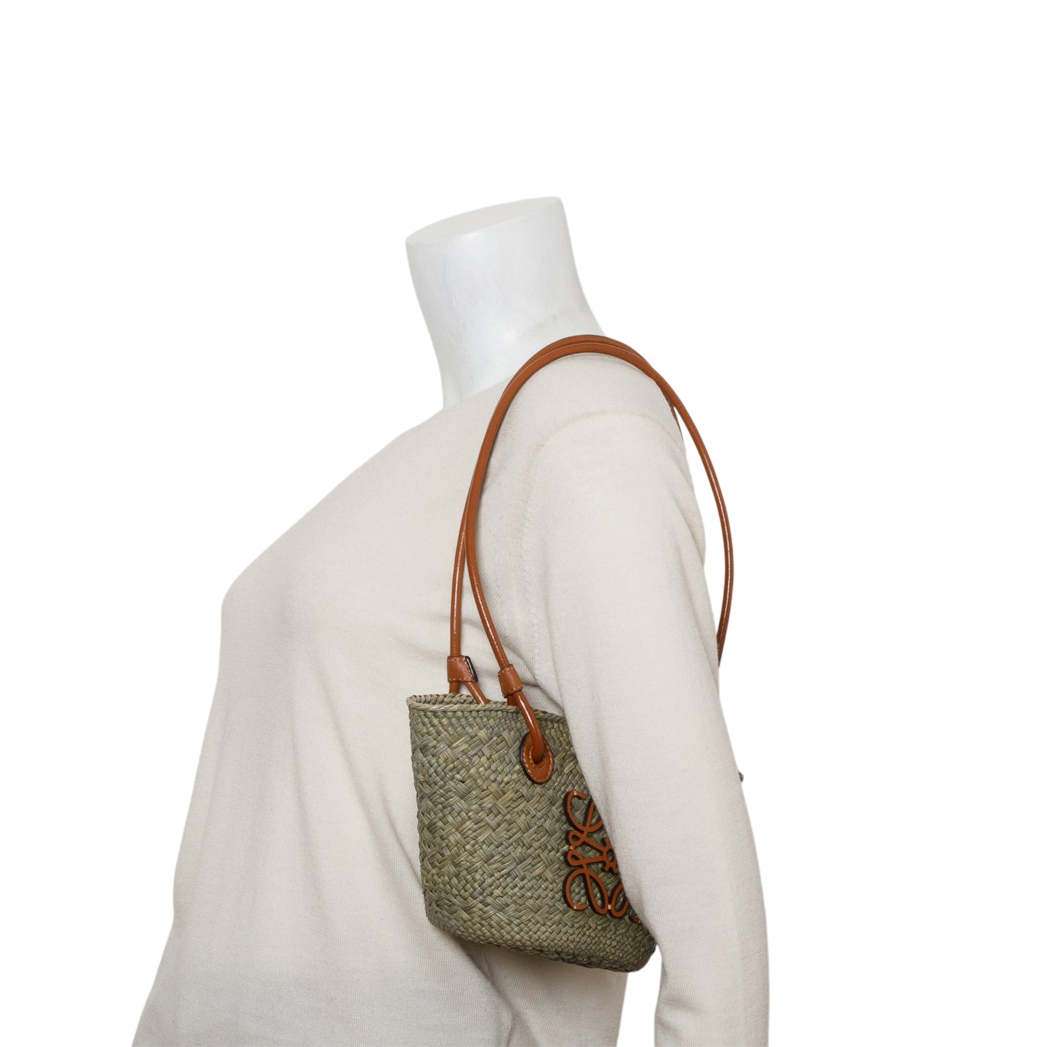 Loewe Green Calfskin Raffia Mini Anagram Basket Tote