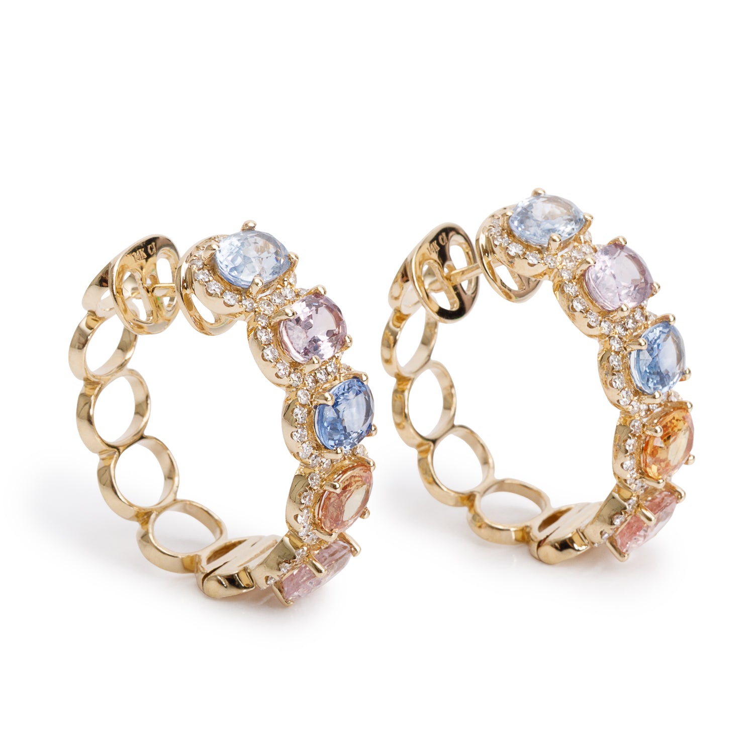 14k Yellow Gold Multicolour Sapphire & Diamond Hoop Earrings