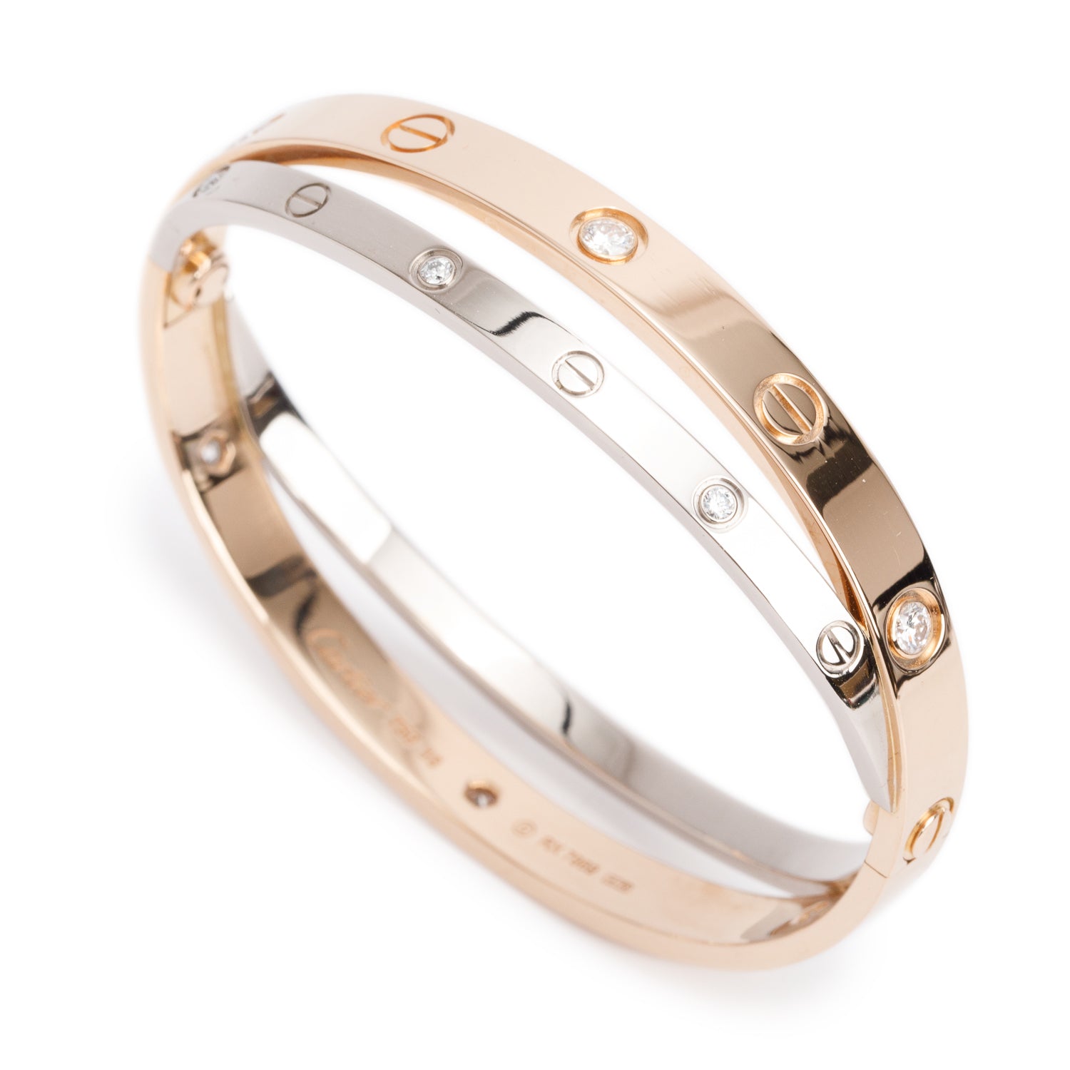 Cartier 18k Rose & White Gold 12 Diamond Double Love Bracelet, Size 16 w/ Certificate