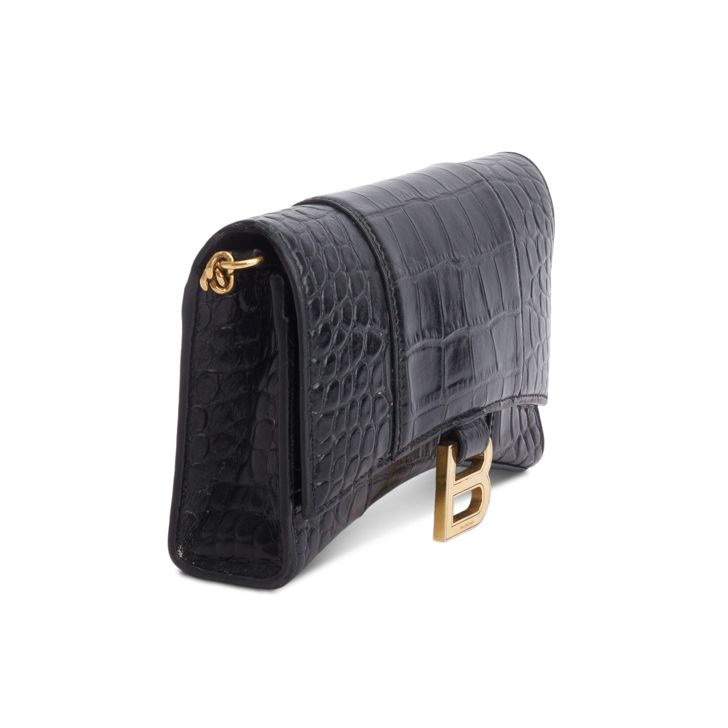Balenciaga Black Shiny Calfskin Croc Embossed Hourglass Wallet on Chain