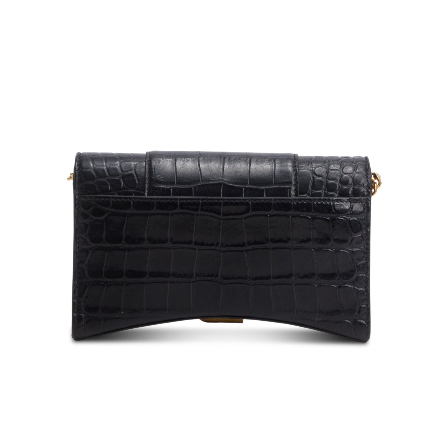Balenciaga Black Shiny Calfskin Croc Embossed Hourglass Wallet on Chain