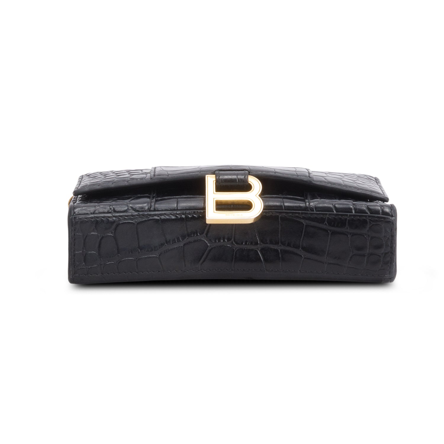 Balenciaga Black Shiny Calfskin Croc Embossed Hourglass Wallet on Chain