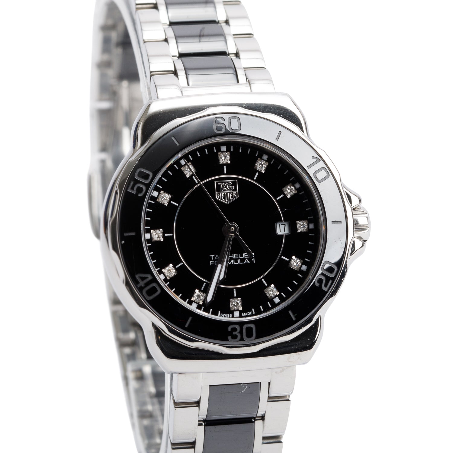 Tag Heuer Stainless Steel & Black Ceramic Formula 1 32 MM Quartz Watch Black Diamond Dial WAH1314 w/ Box & Papers