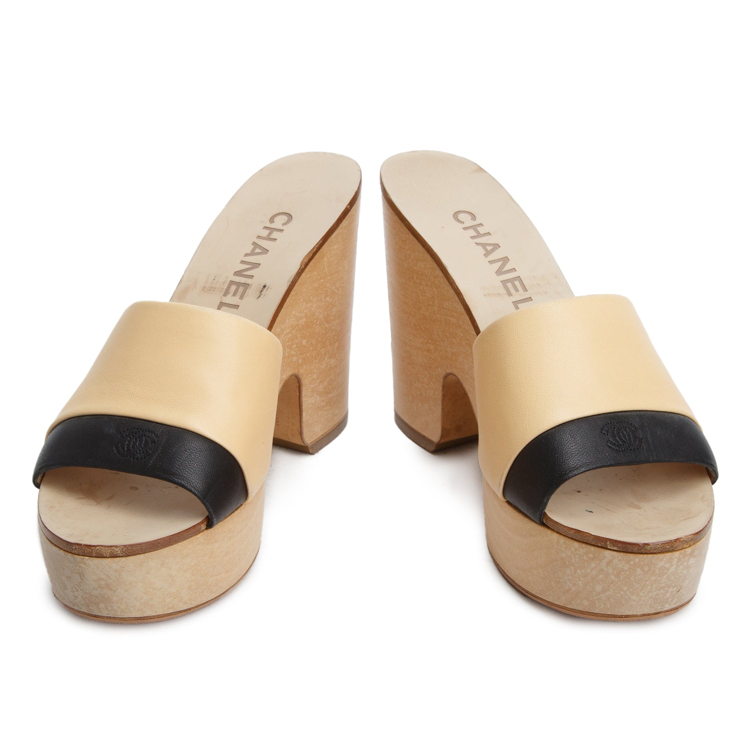 Chanel Tan/Black Calfskin Interlock CC Logo Platform Wood Slide Sandals, Women's Size 35.5