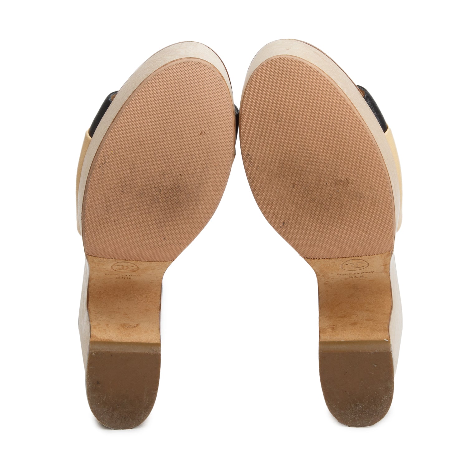 Chanel Tan/Black Calfskin Interlock CC Logo Platform Wood Slide Sandals, Women's Size 35.5