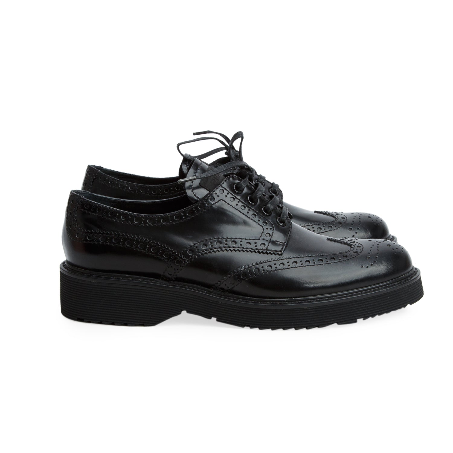 Prada Black Spazzolato Fume Leather Brogue Oxfords, Women's Size 40 w/ Box
