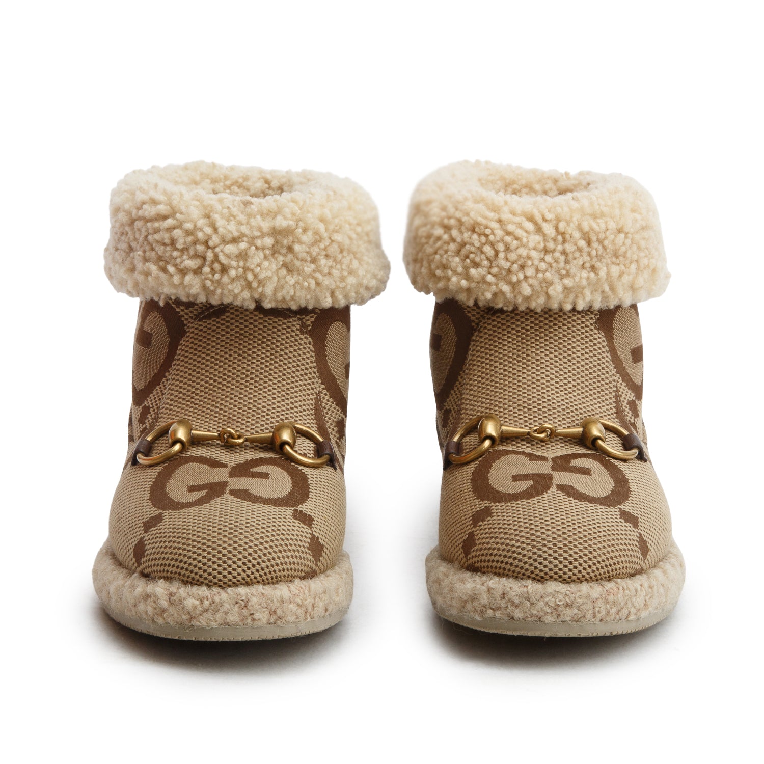 Gucci Brown Covered Wool Jumbo GG Monogram Fria Horsebit Ankle Boots, Women's Size 34.5 w/ Box