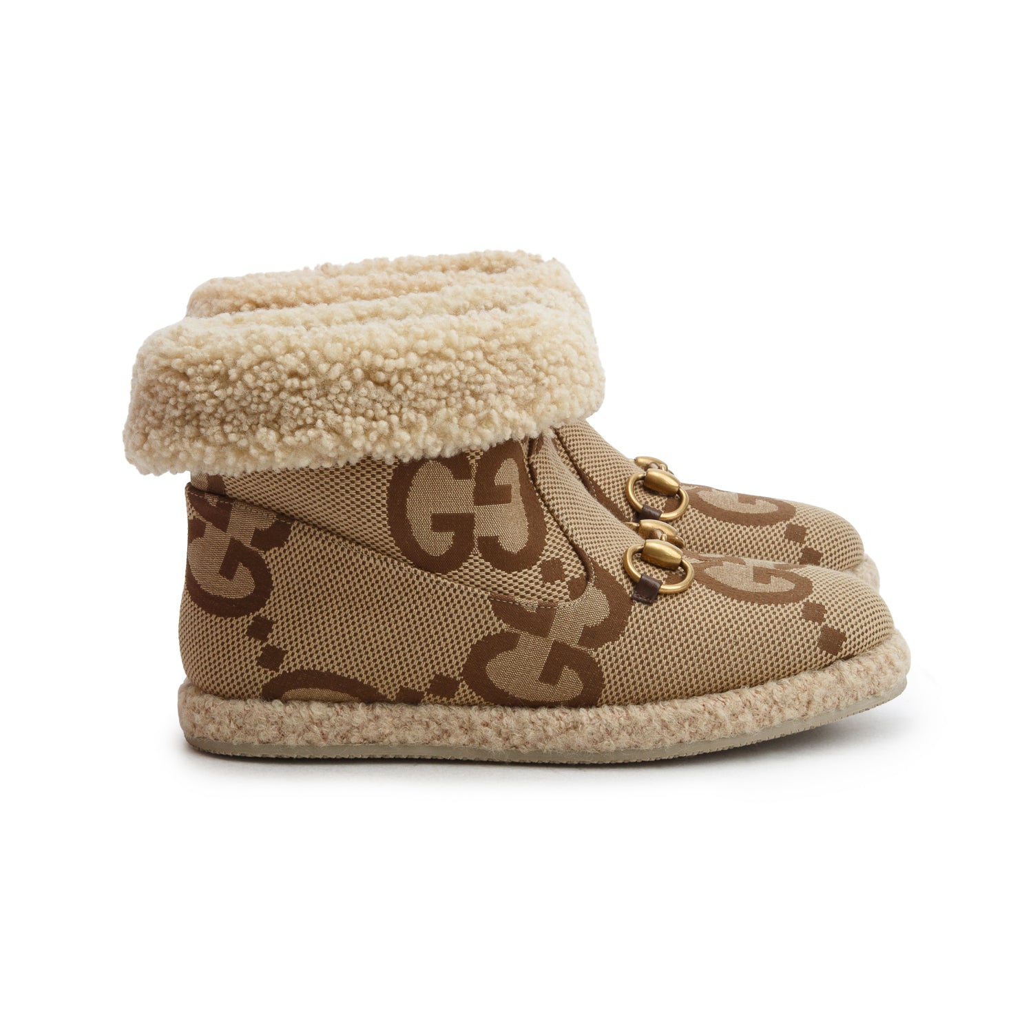 Gucci Brown Covered Wool Jumbo GG Monogram Fria Horsebit Ankle Boots, Women's Size 34.5 w/ Box