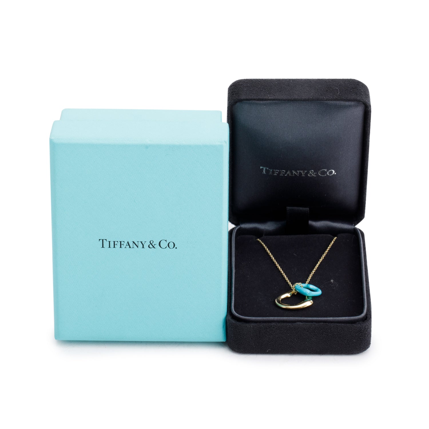 Tiffany & Co. Elsa Peretti 18k Yellow Gold & Turquoise Open Heart Pendant Necklace w/ Box