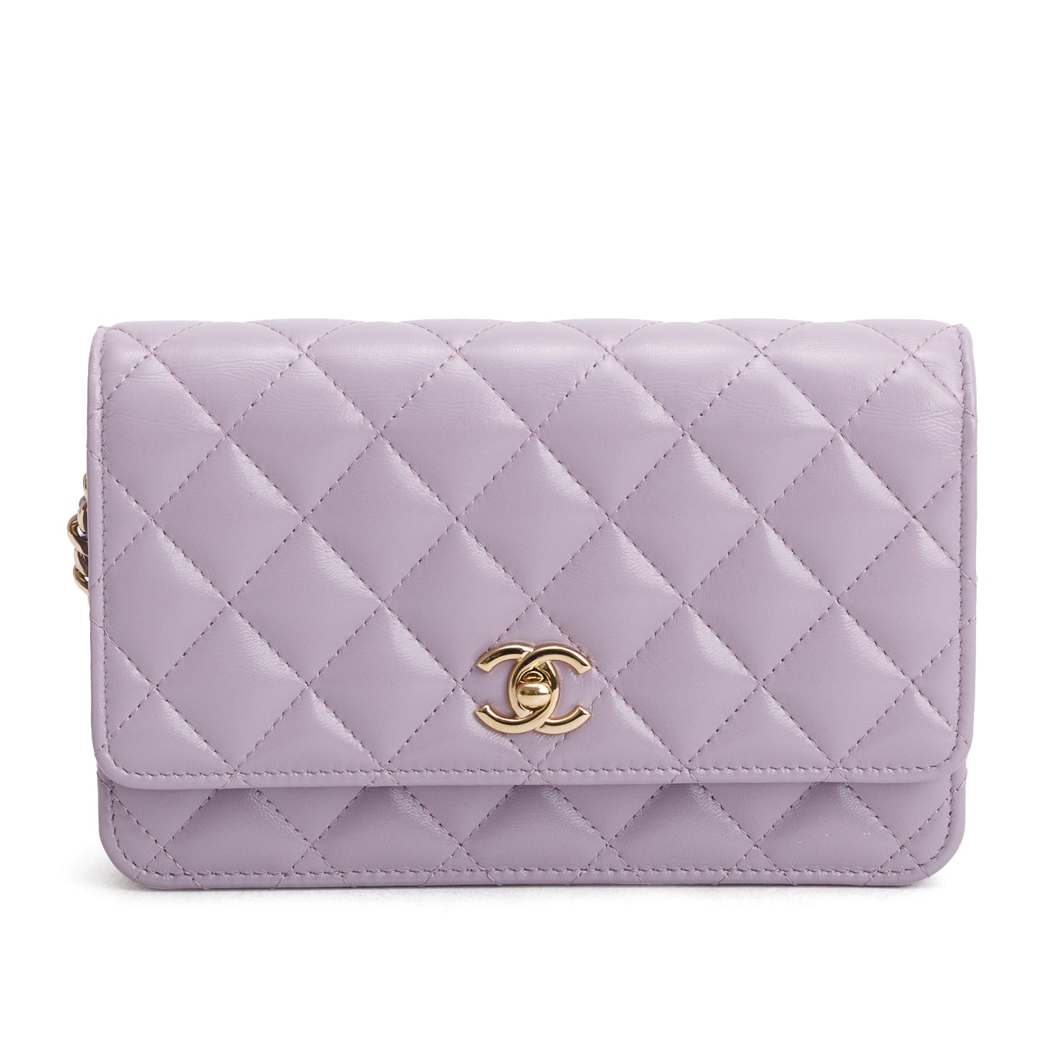 Chanel Purple Shiny Lambskin Quilted Enamel CC Wallet on Chain w/ Box