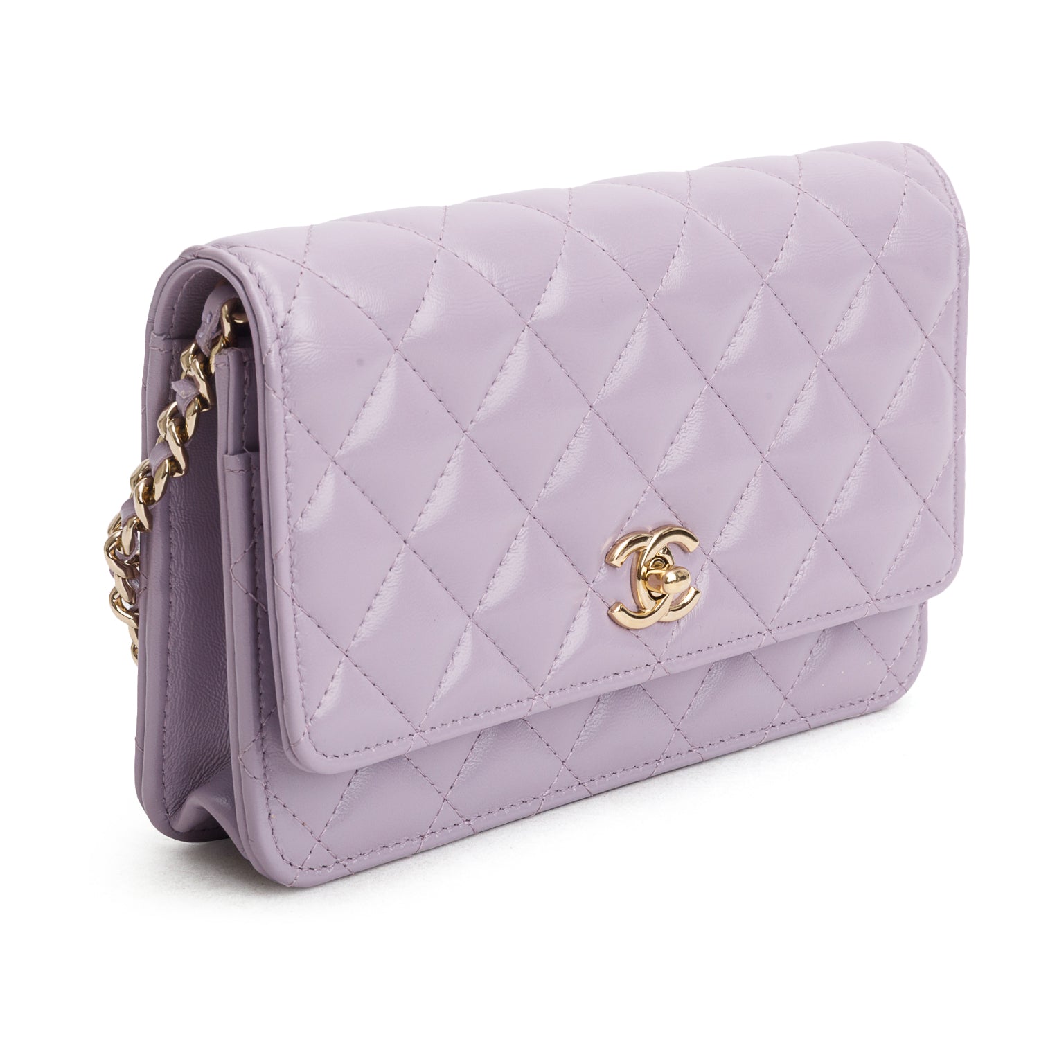 Chanel Purple Shiny Lambskin Quilted Enamel CC Wallet on Chain w/ Box