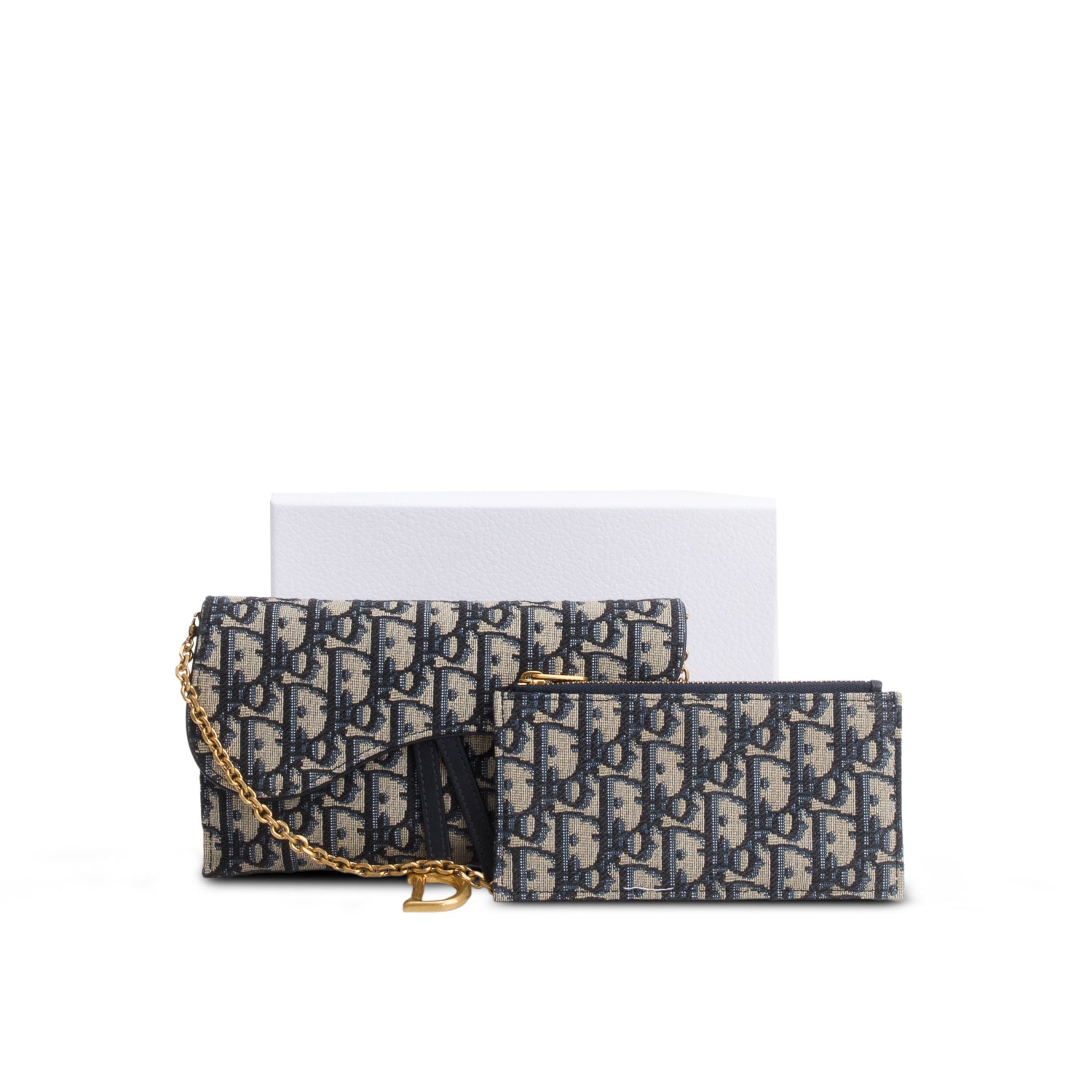 Christian Dior 2022 Blue Oblique Small Saddle Chain Pouch w/ Box & Pouch