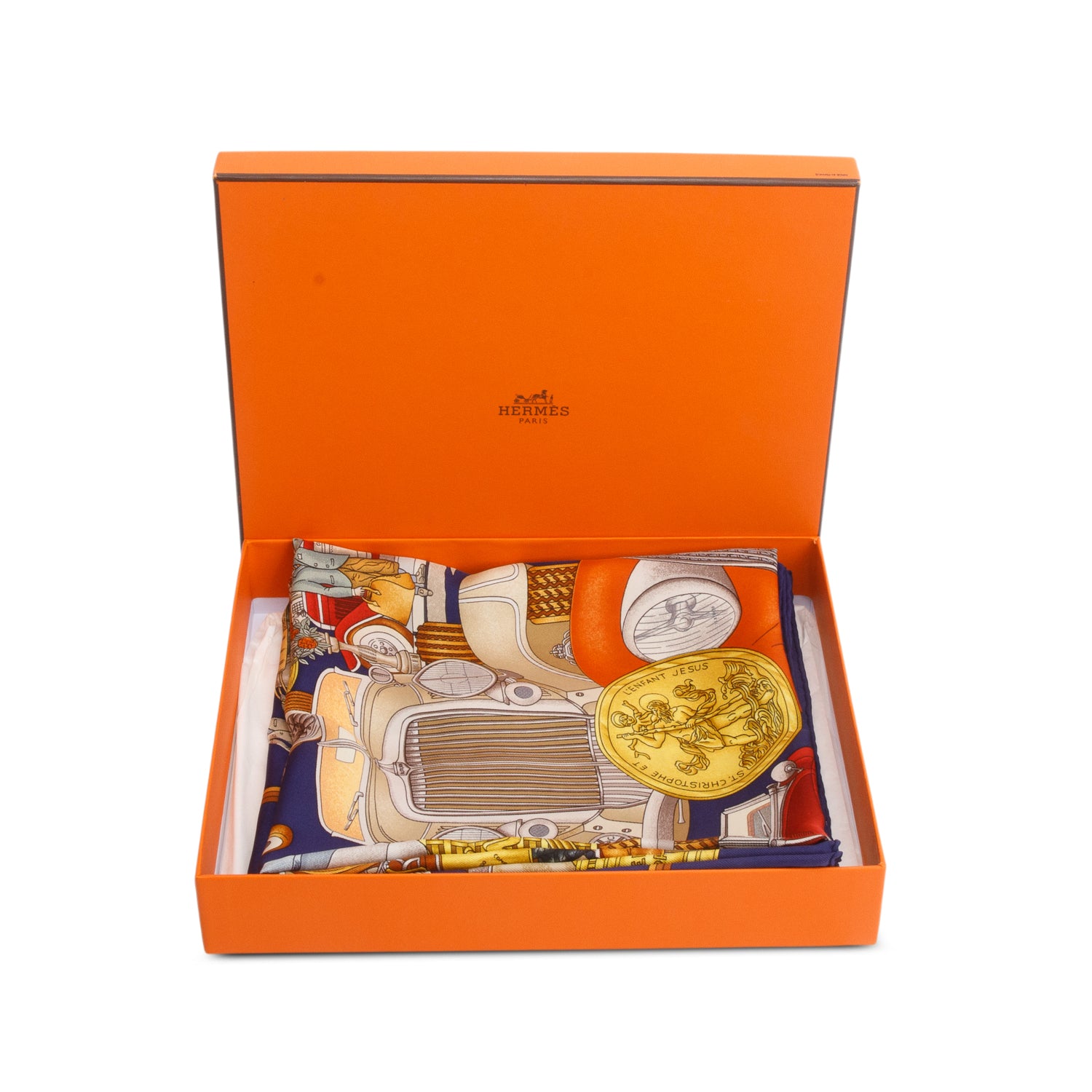 Hermes Navy 'Automobile' Silk Scarf 90 w/ Box
