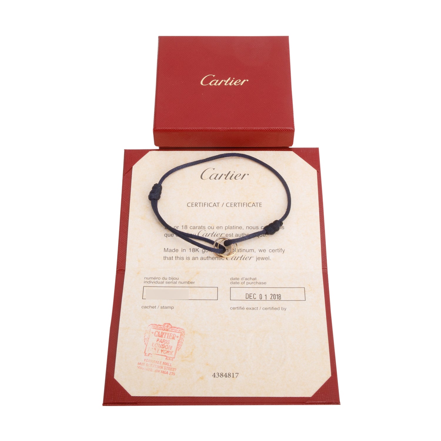 Cartier 18k White, Yellow & Rose Gold Trinity Blue Cord Bracelet w/ Box & Certificate