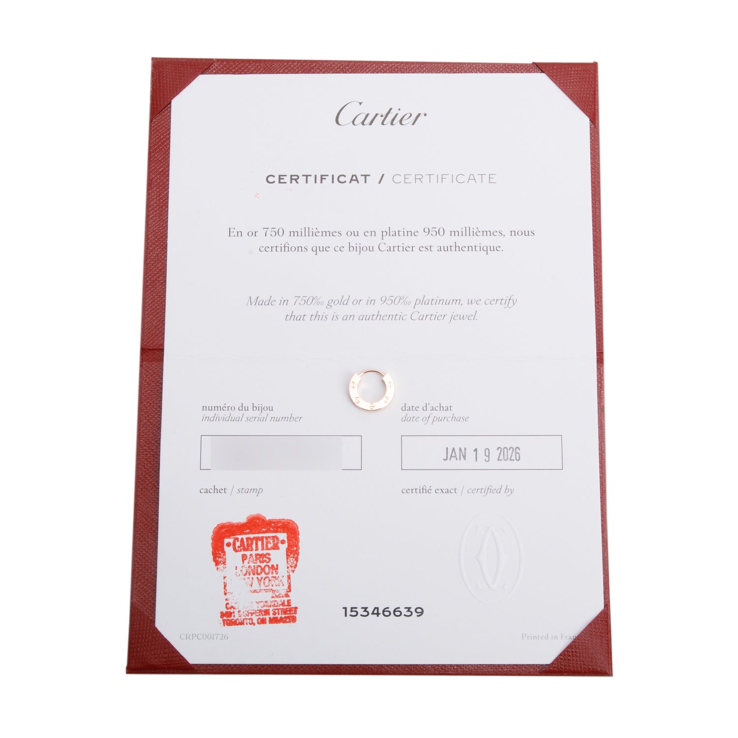 Cartier 2026 18k Rose Gold Love Single Hoop Earring w/ Certificate