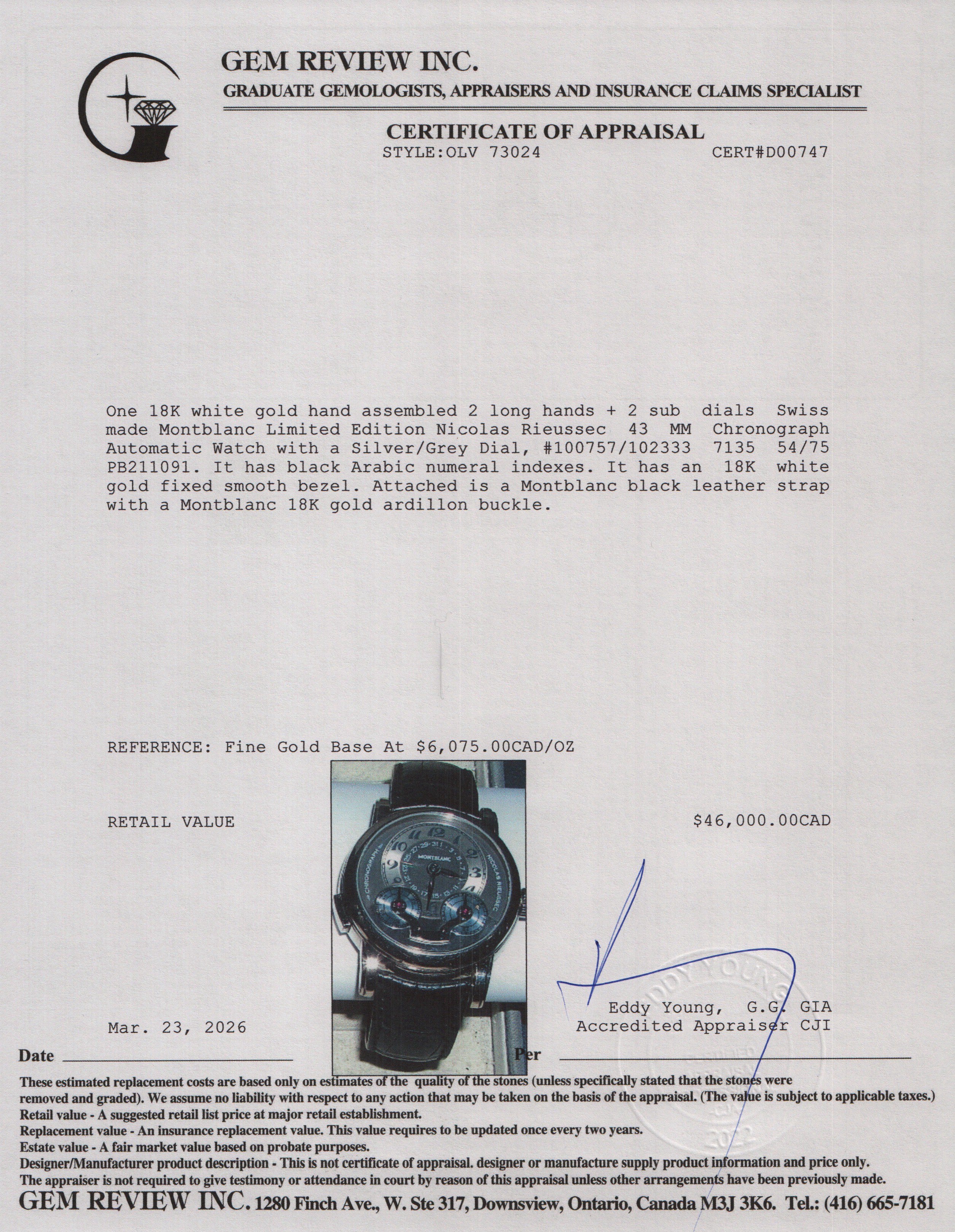 Montblanc 2022 Limited Edition 18k White Gold Nicolas Rieussec 43 MM Chronograph Automatic Watch Silver/Grey Dial 102333 w/ Papers