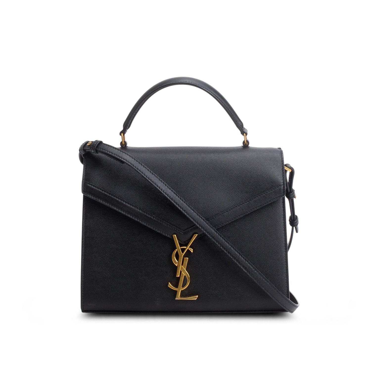 Saint Laurent 2021 Black Grain De Poudre Leather Cassandra Medium Top Handle Bag w/ Strap