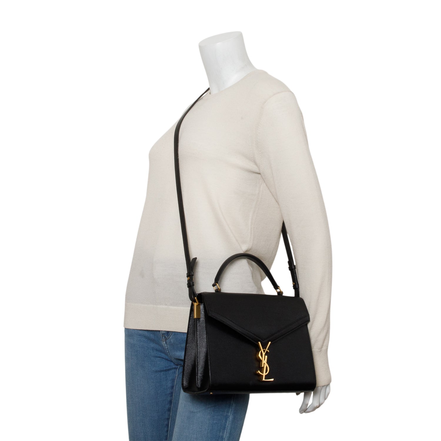 Saint Laurent 2021 Black Grain De Poudre Leather Cassandra Medium Top Handle Bag w/ Strap