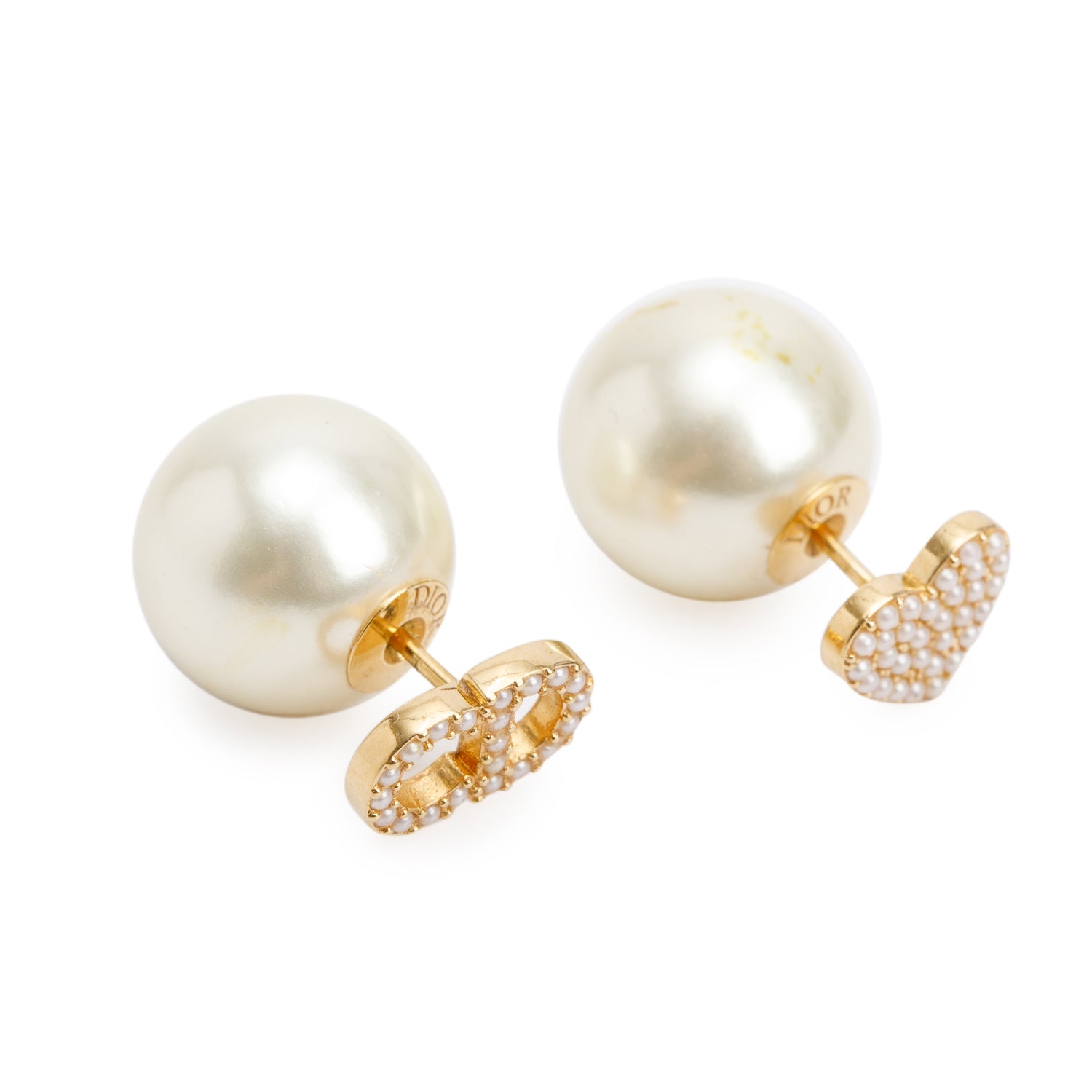 Christian Dior Antique Gold-Tone Metal Faux Pearl CD Heart Tribales Earrings w/ Box