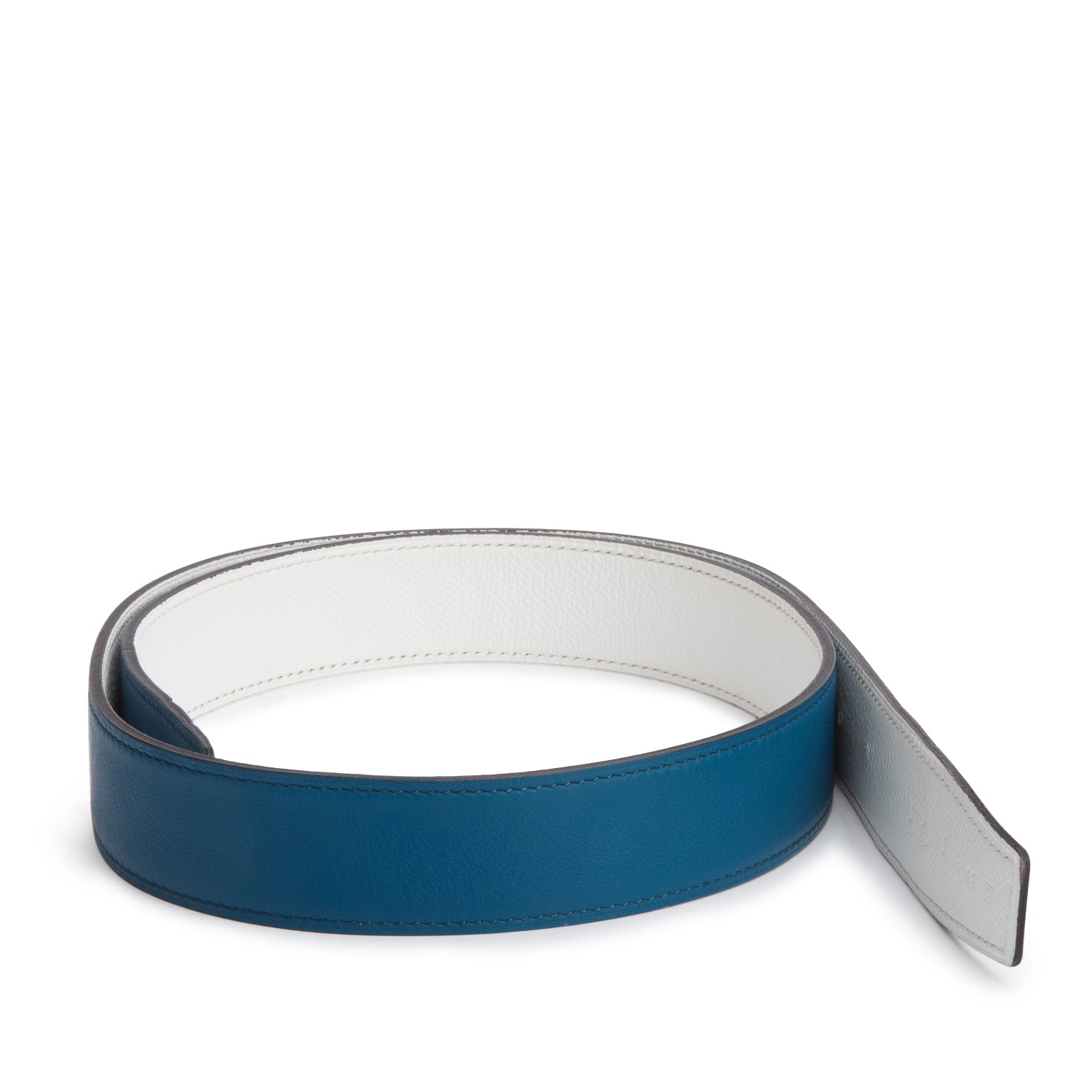 Hermes Blanc/Bleu Jean Swift & Epsom Calfskin Reversible Leather 32mm Belt Strap, Size 85