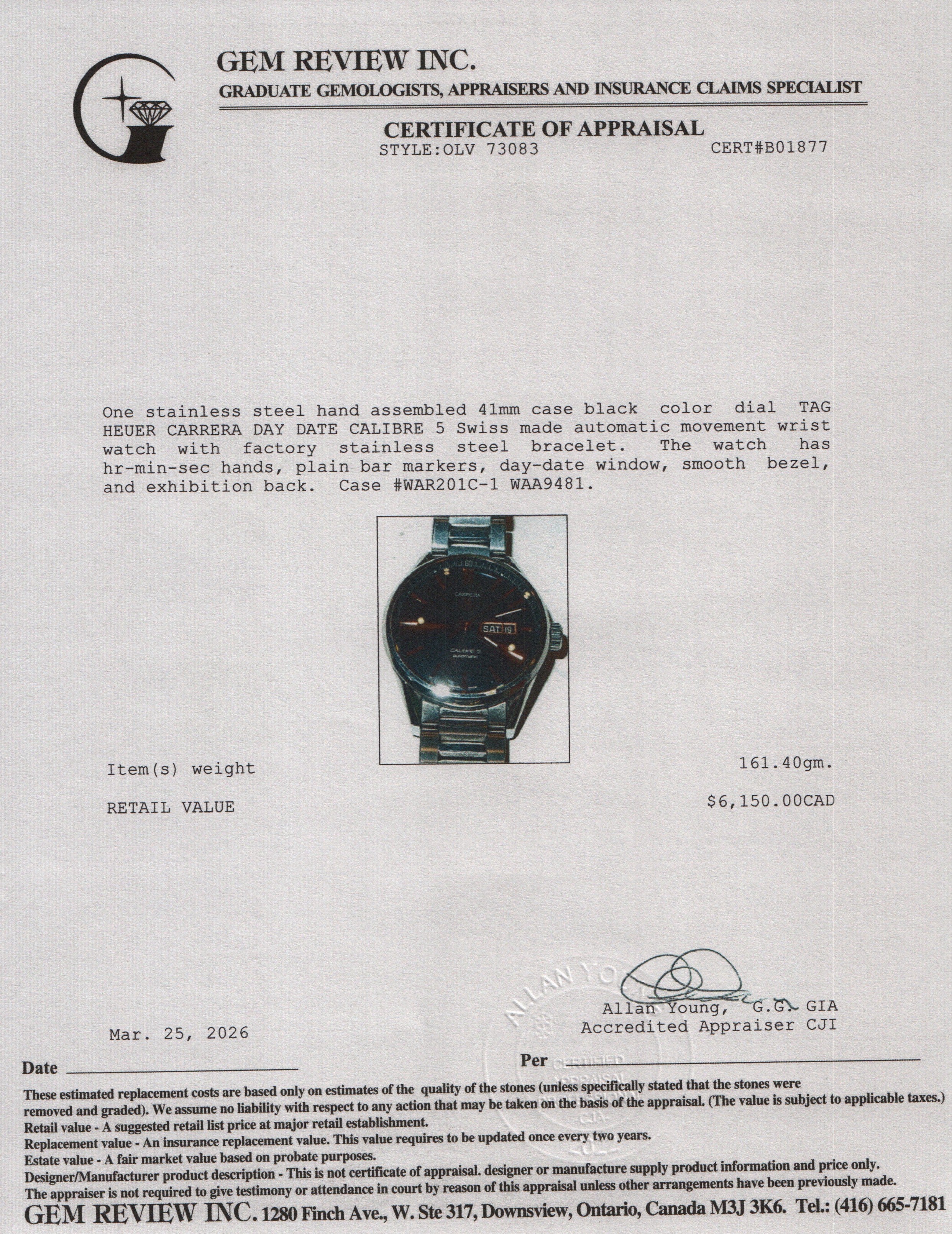 Tag Heuer Stainless Steel Blue Dial Carrera Day Date Calibre 5 41 MM Automatic Watch Black Dial WAR201C-1