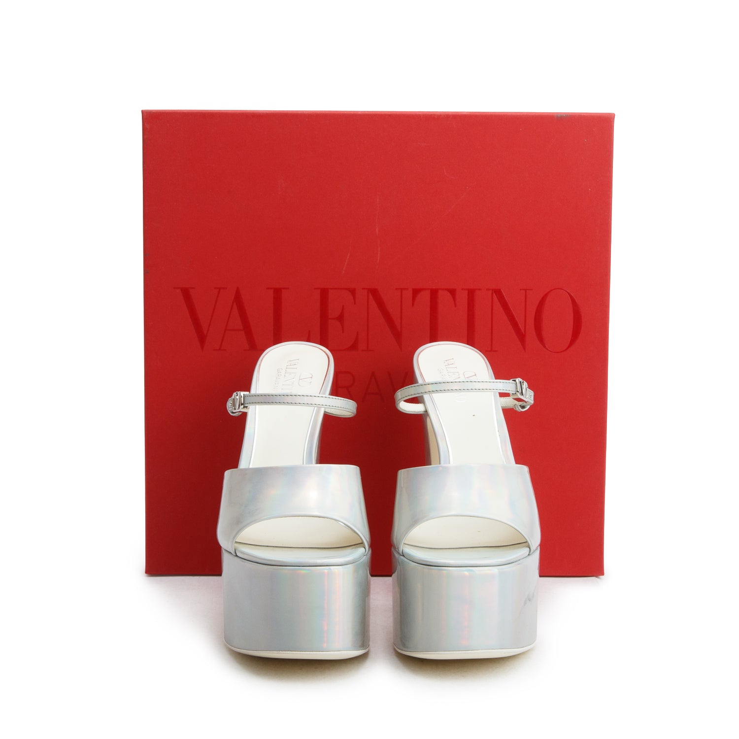 Valentino Silver Holographic Leather Tan-Go Platform Sandals, Women's Size 37 w/ Box