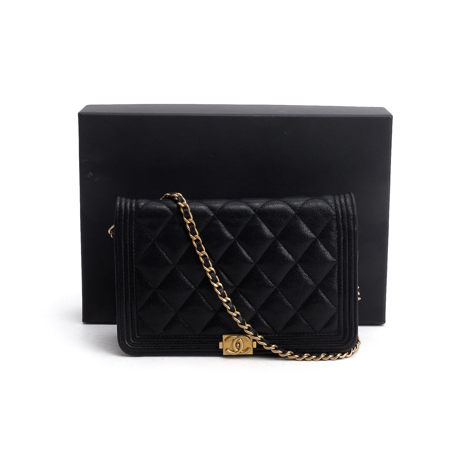 Chanel Black Caviar Quilted Boy Wallet on Chain w/ Box