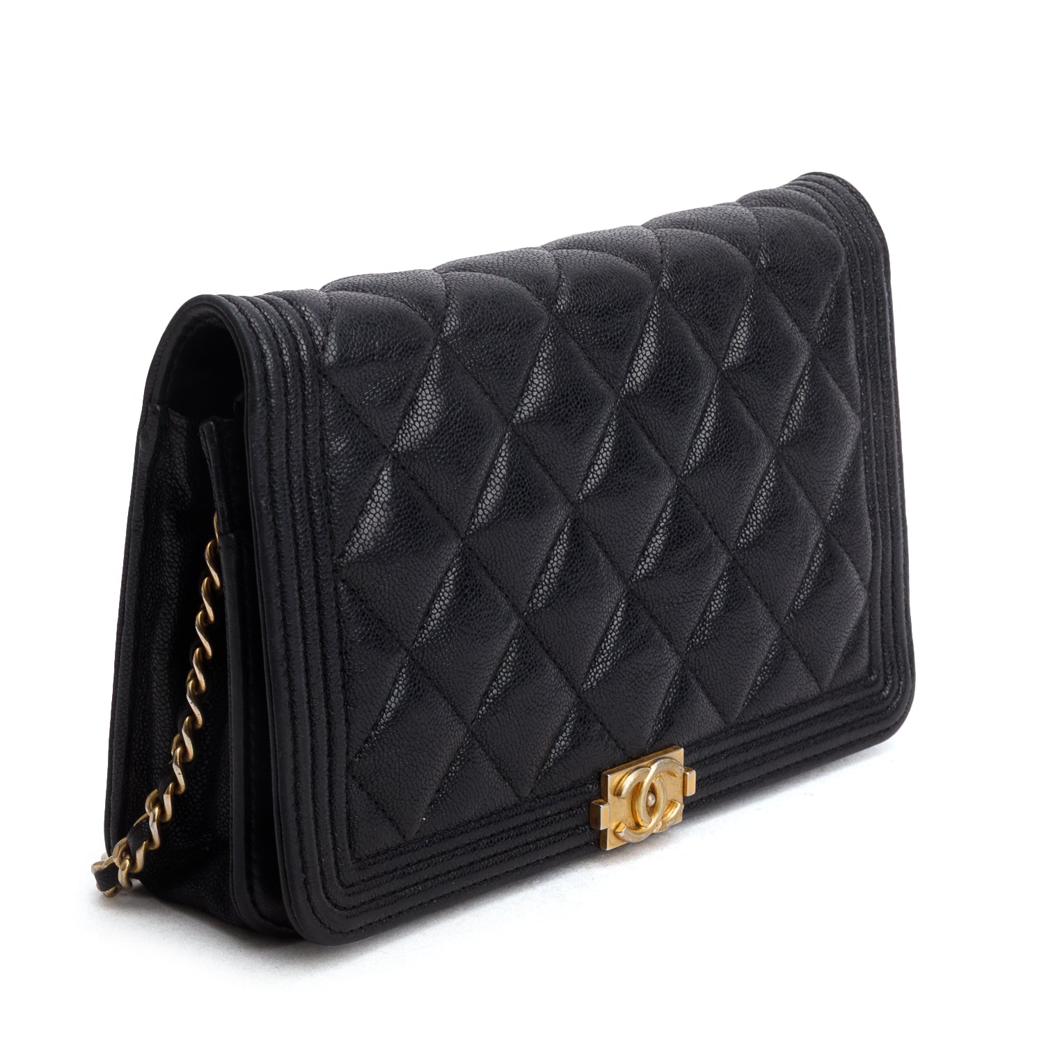 Chanel Black Caviar Quilted Boy Wallet on Chain w/ Box