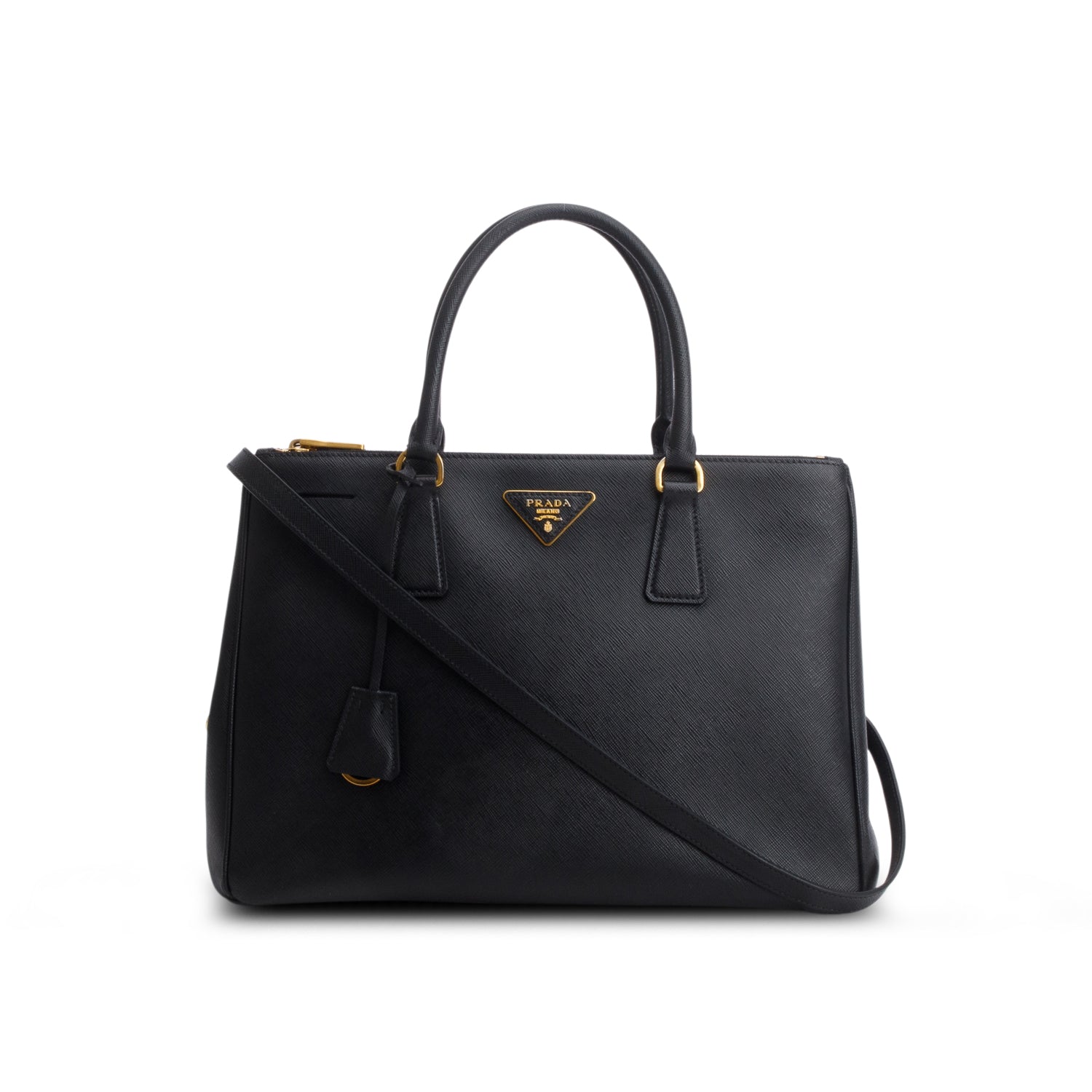 Prada Black Saffiano Lux Medium Double Zip Galleria Tote w/ Strap