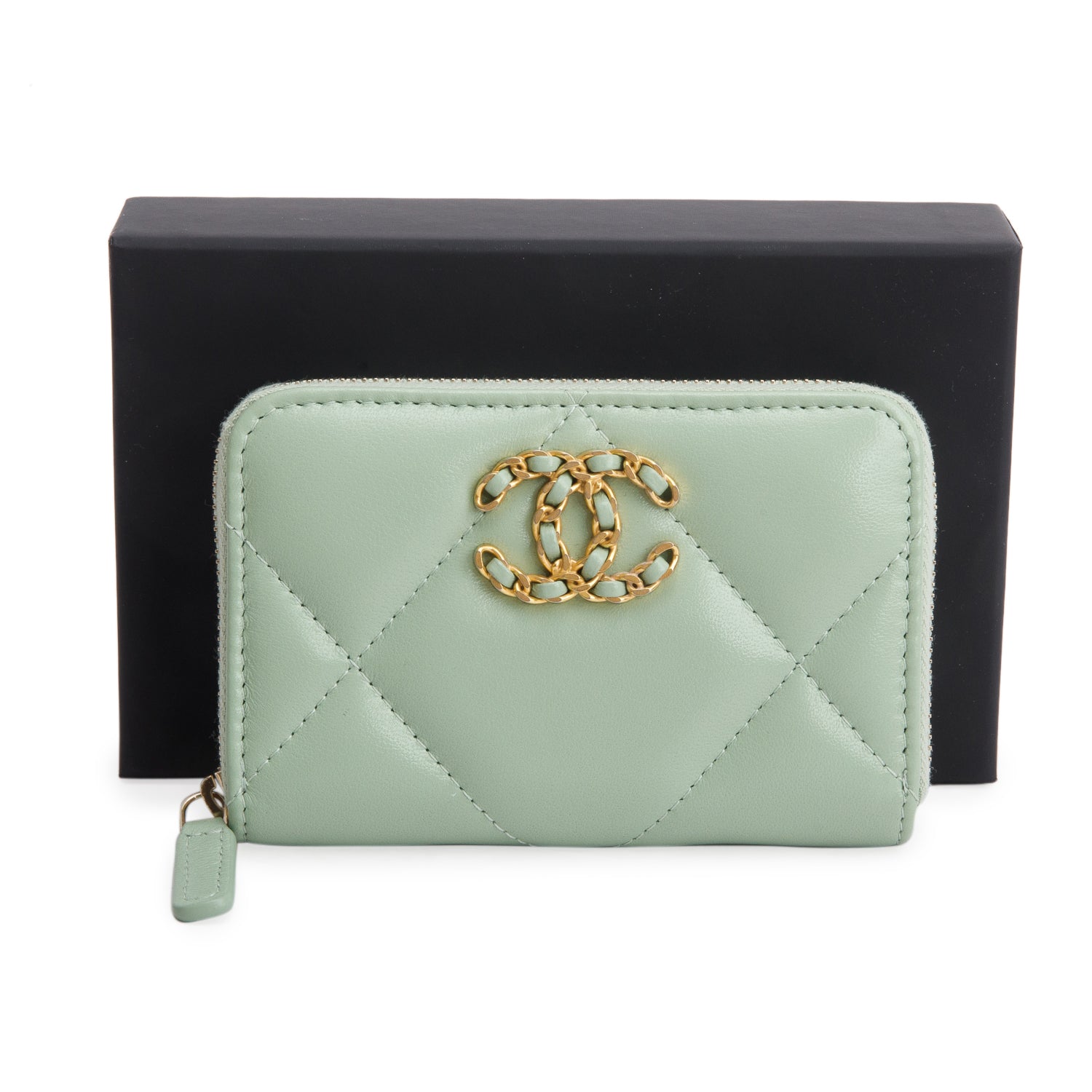 Chanel Green Lambskin Quilted 19 Zip Around Coin Purse Wallet w/ Box