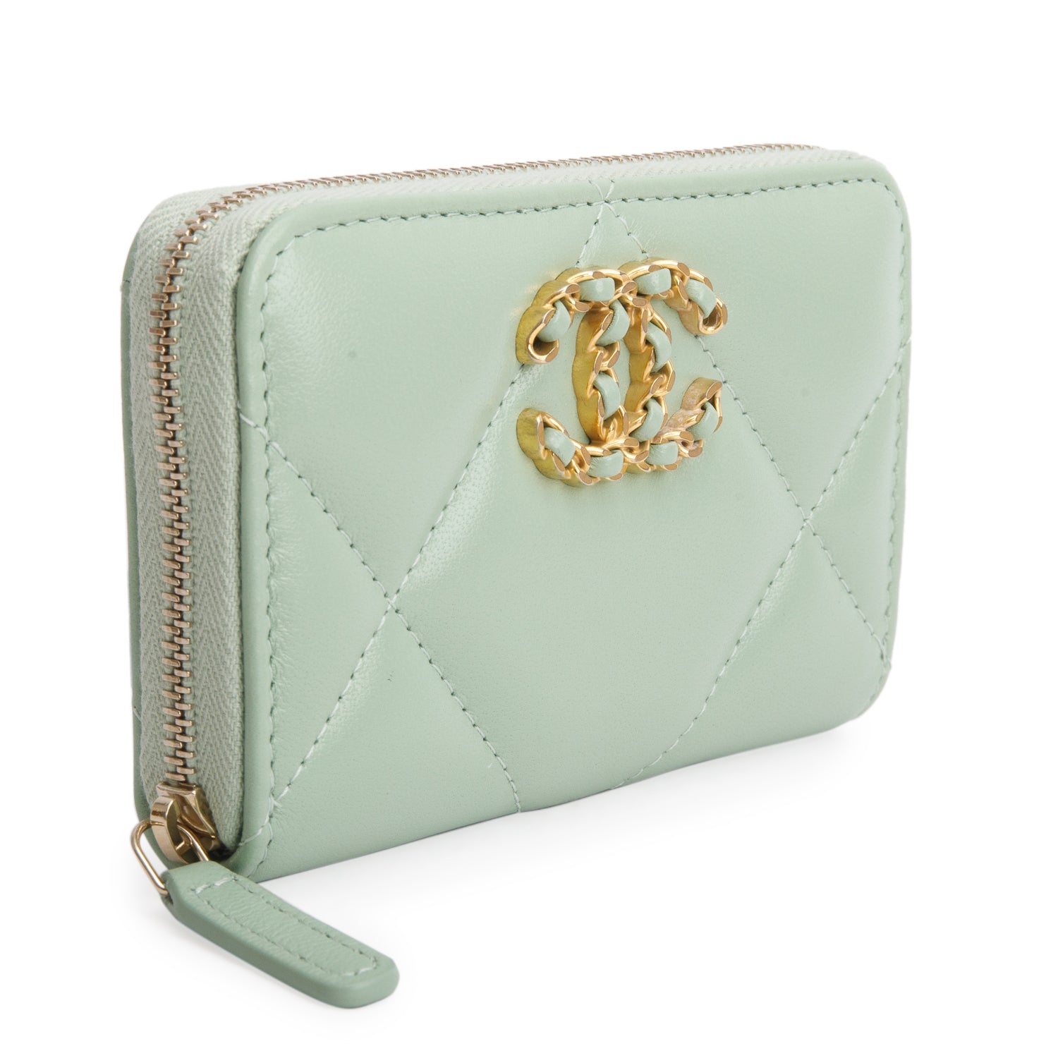 Chanel Green Lambskin Quilted 19 Zip Around Coin Purse Wallet w/ Box