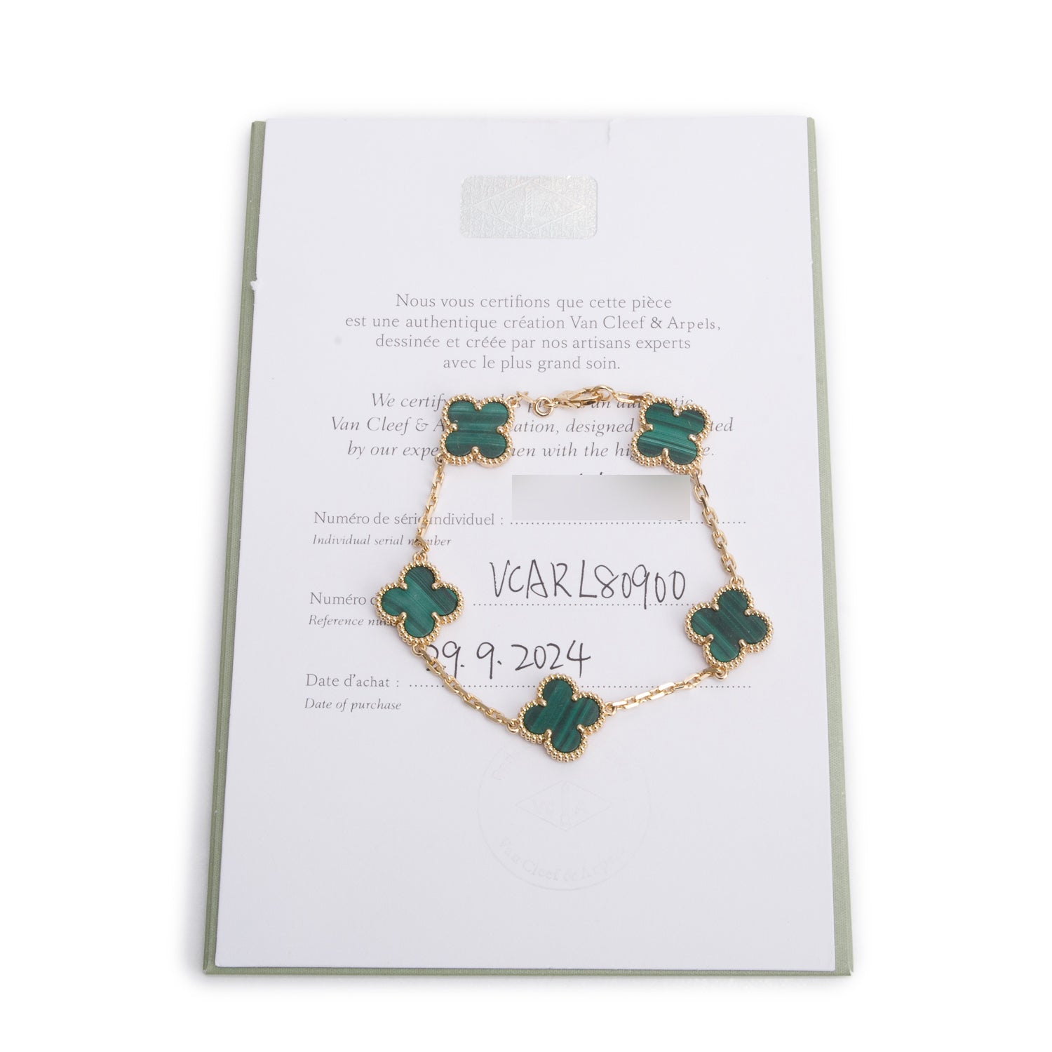 Van Cleef & Arpels 2024 18k Yellow Gold Vintage 5 Motif Malachite Bracelet w/ Certificate