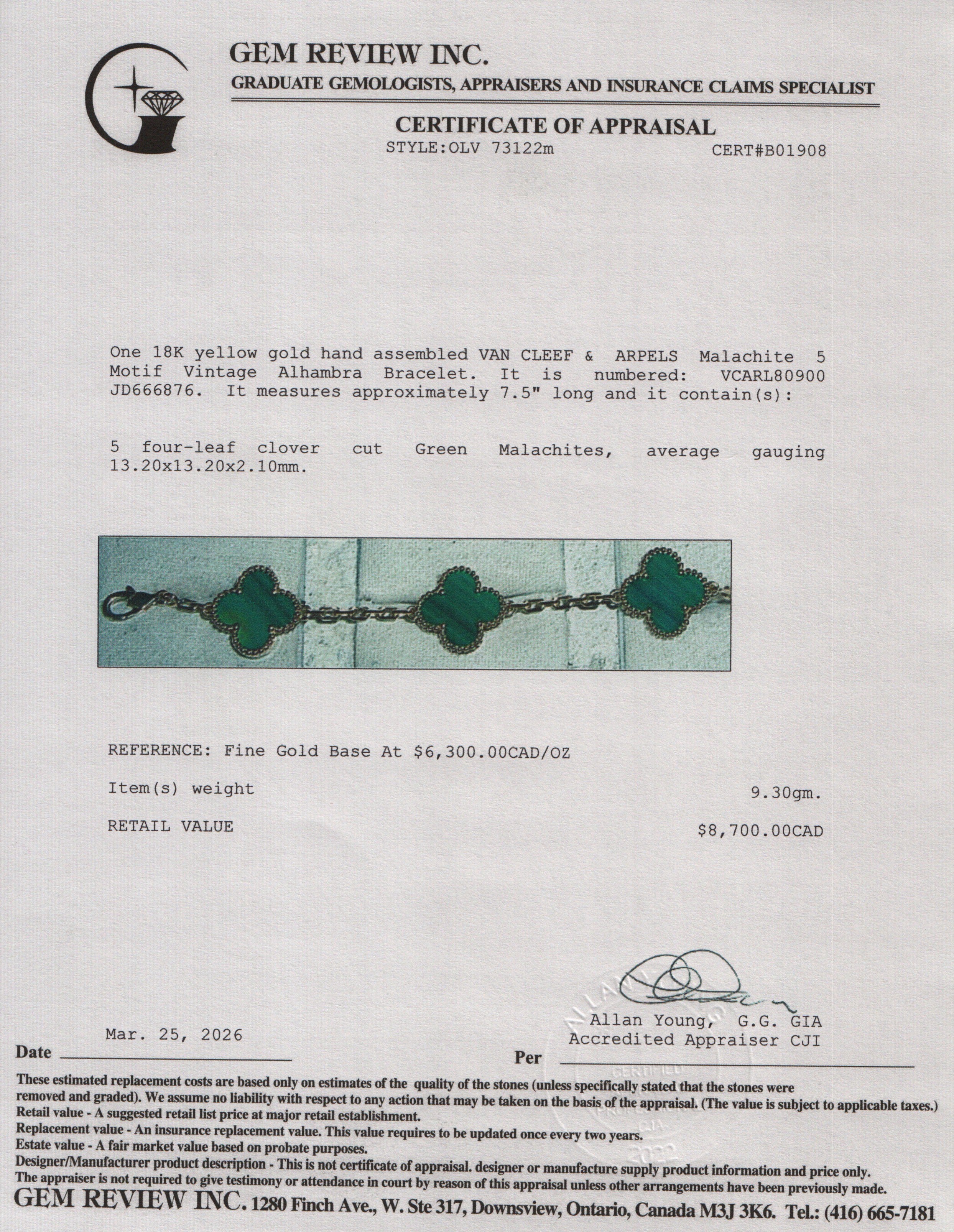 Van Cleef & Arpels 2024 18k Yellow Gold Vintage 5 Motif Malachite Bracelet w/ Certificate