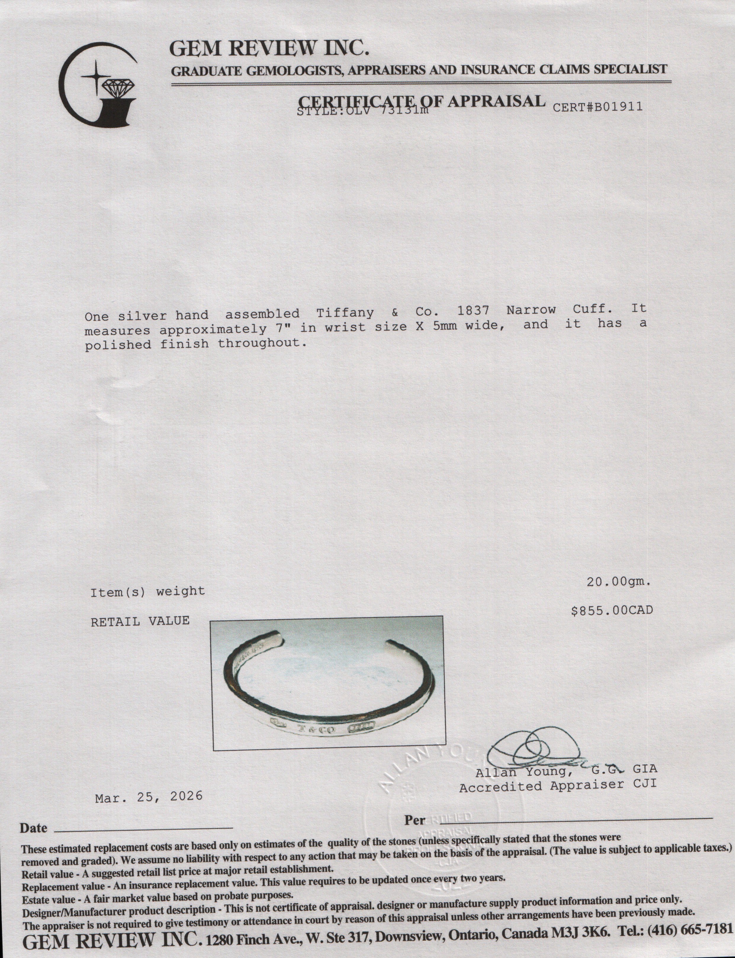 Tiffany & Co. Sterling Silver 1837 Narrow 5 MM Cuff