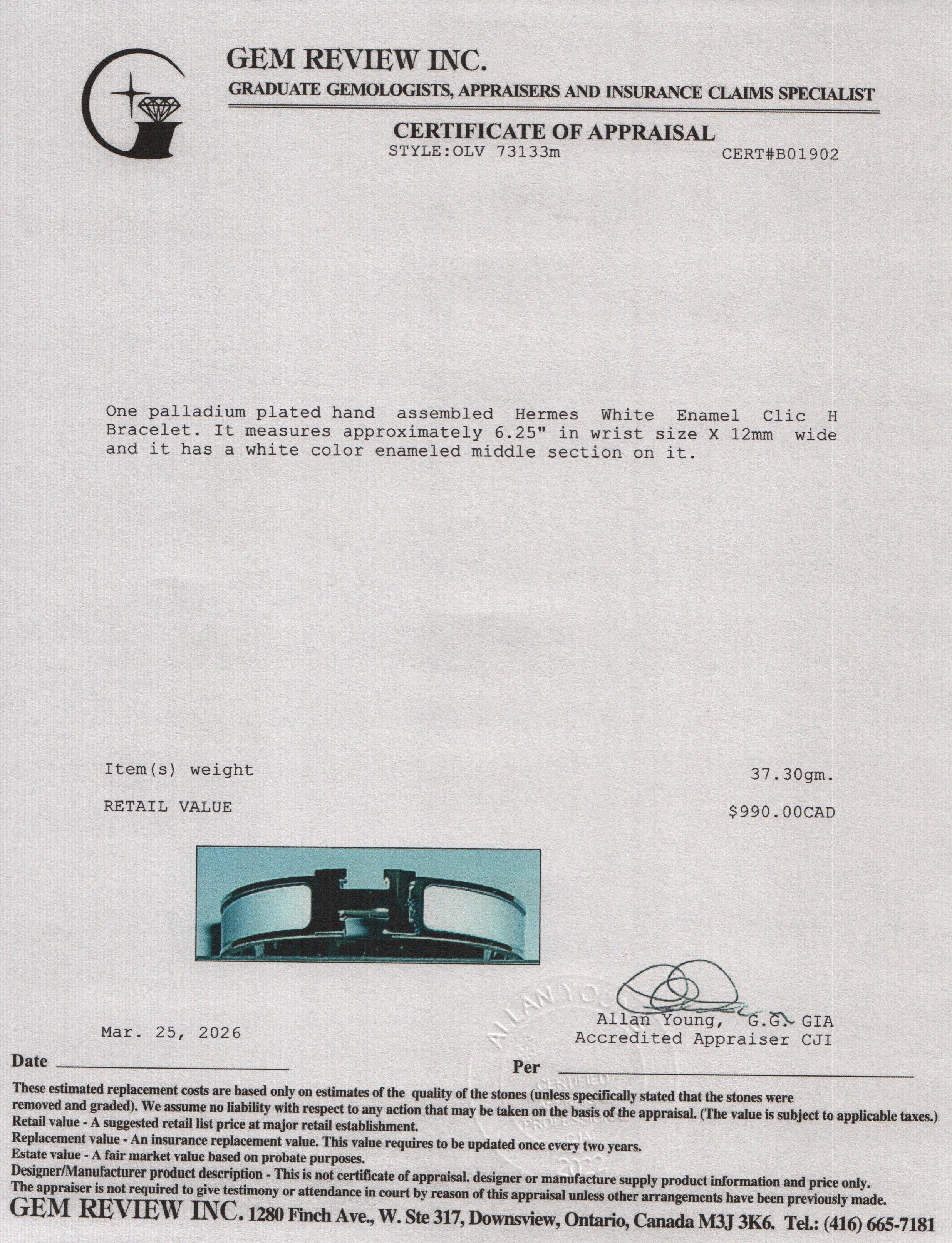 Hermes Palladium Plated White Enamel 12 MM Clic H Bracelet