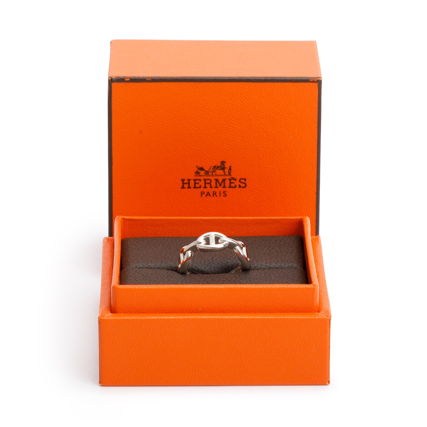 Hermes Sterling Silver Chaine D'Ancre Enchainee Ring, Small Model, Size 50 5.25 w/ Box