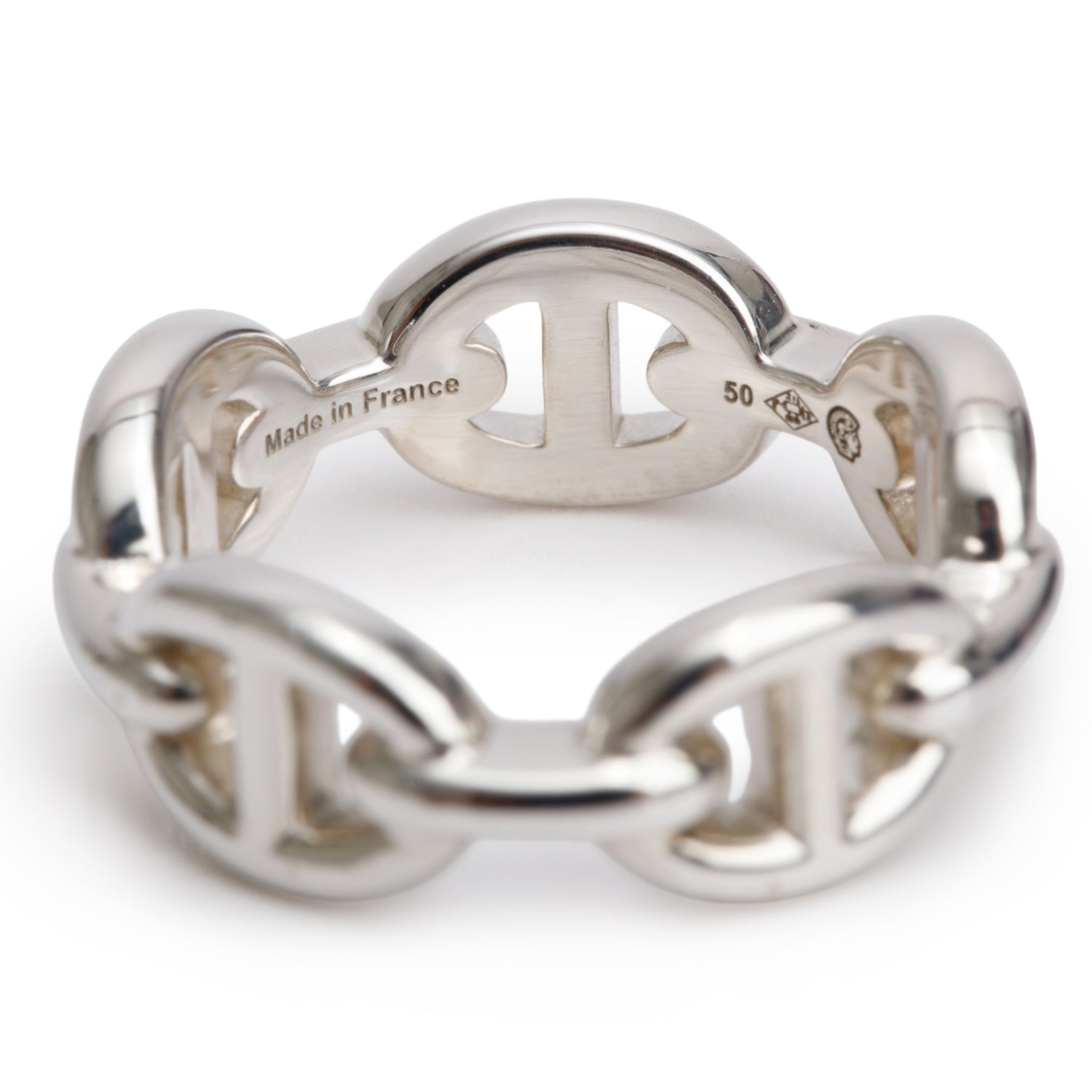 Hermes Sterling Silver Chaine D'Ancre Enchainee Ring, Small Model, Size 50 5.25 w/ Box