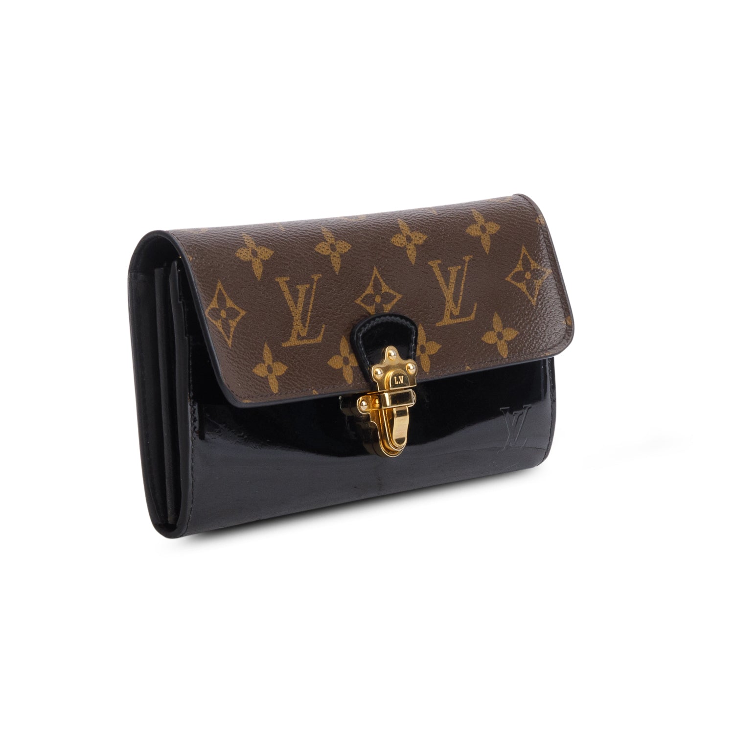Louis Vuitton Black Patent Calfskin Monogram Cherrywood Wallet w/ Receipt