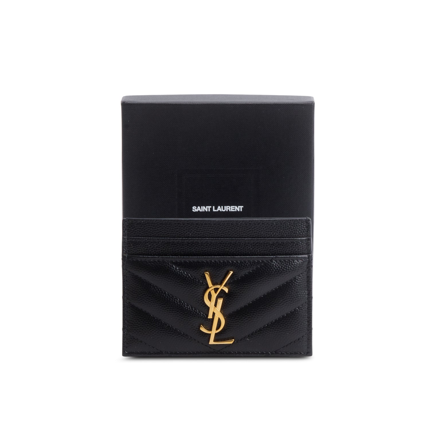 Saint Laurent 2021 Black Grain de Poudre Chevron Cassandre Card Holder w/ Box